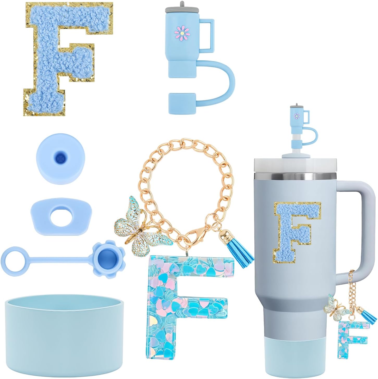 Stanley Cup Accessories Set Including Straw Cover Cap, Cup Initials Charm, Silicone Spill Proof Stopper, Silicone Boot for Stanley 40 oz 30 oz Tumbler, Sticker (C)