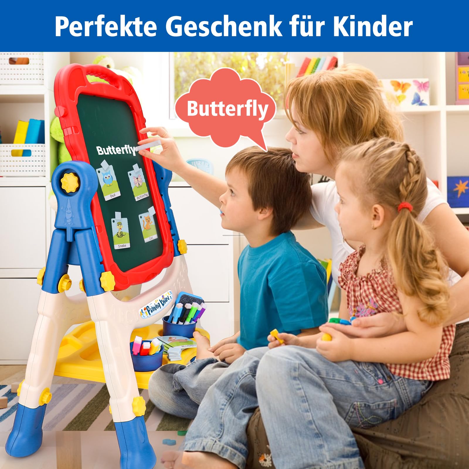 4 in 1 Kinder Staffelei Höhenverstellbare, Doppelseitige Kindertafel mit Magnetischer Kreidetafel & Whiteboard, Kinder Standtafel mit kreide und magnet ab 3 4 5 6 Jahre Geschenk (Rot)