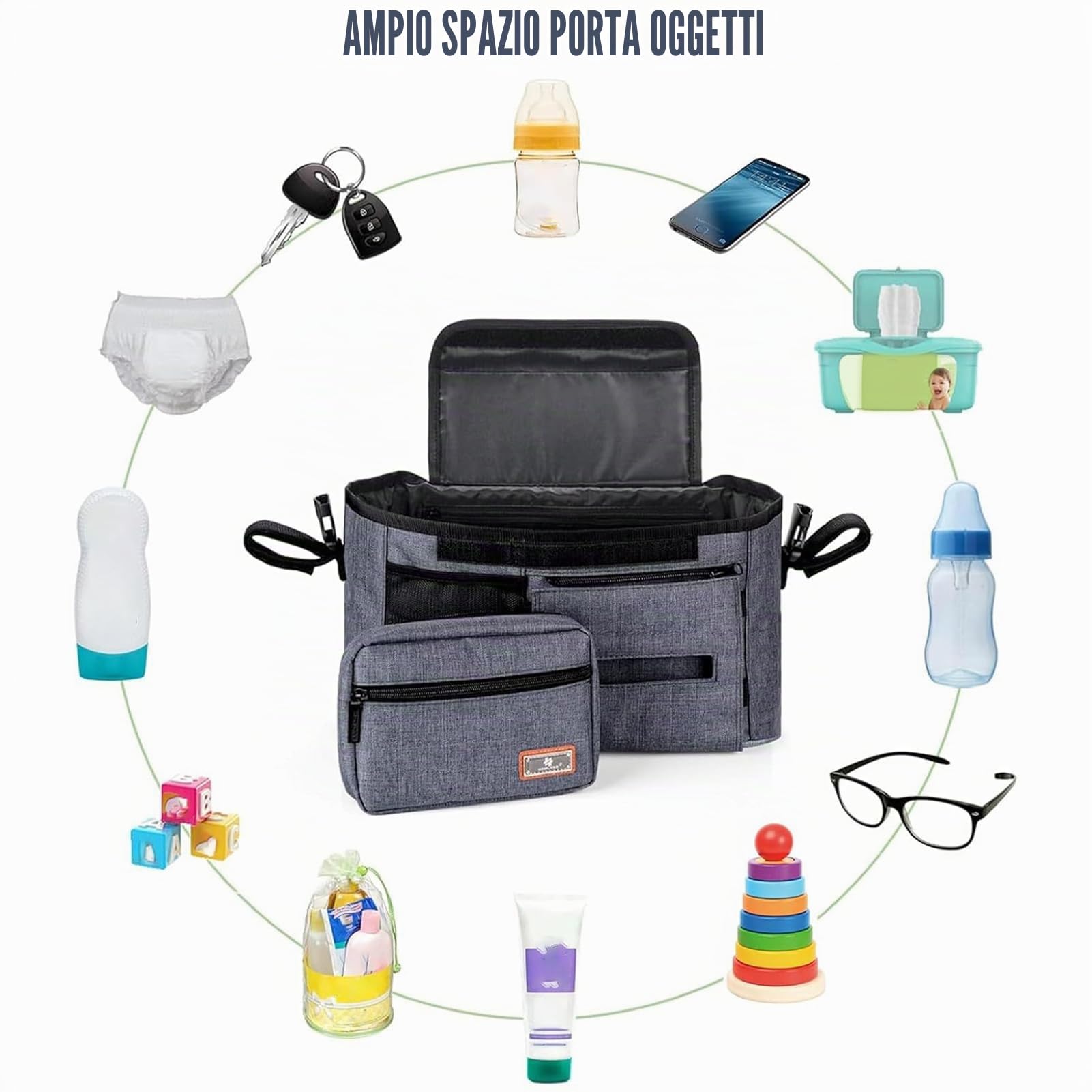 Nuova borsa portaoggetti passeggino, organizer passeggini contiene 2 portabiberon per pannolini e giochi, Adatto a tutti i modelli di Buggy