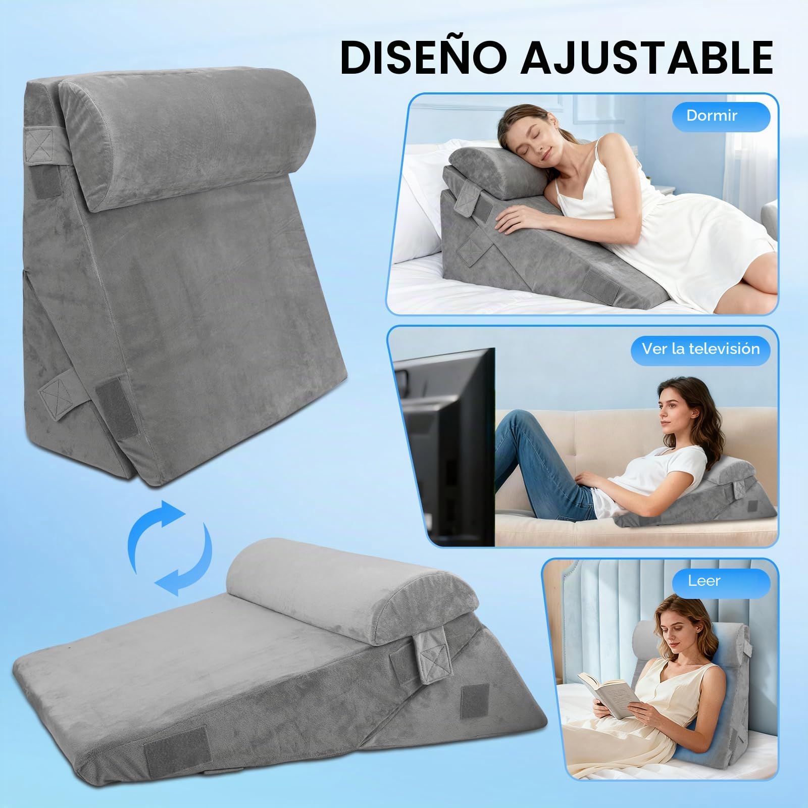 Cojín de cuña para cama y sofá, cojín de lectura de espuma viscoelástica de doble capa, cojín de cuña ajustable, cojín ergonómico para la espalda de las piernas, para jugar, leer (gris) (44 x 49 x 27