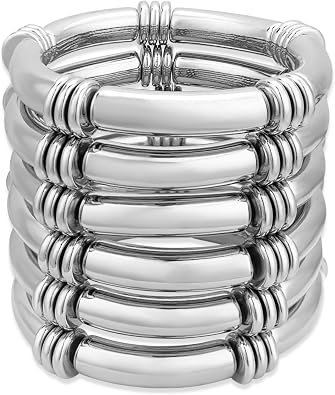 YBMYCM 5PCS Gold Chunky Bangles Bracelets for Women Plated Stackable Layered Curved Bamboo Tube Stretch Bracelets Bangle Gift Jewelry