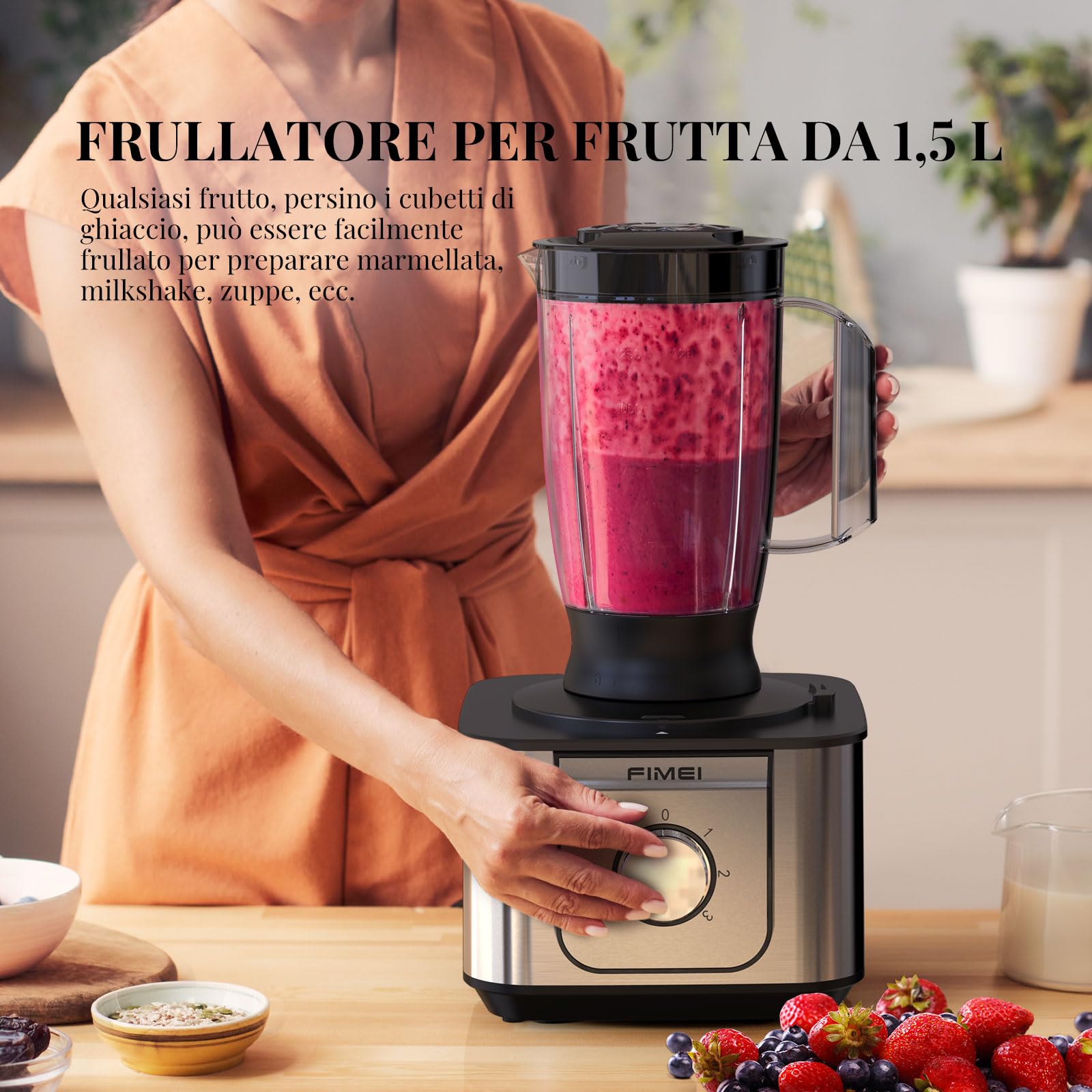 FIMEI Robot da cucina multifunzione 1100W, 3 velocità e funzione Pulse, 3.2L tritatutto, 1.5L frullatore, macinatore, spremiagrumi, impastatrice, grattugia e disco reversibile per affettare