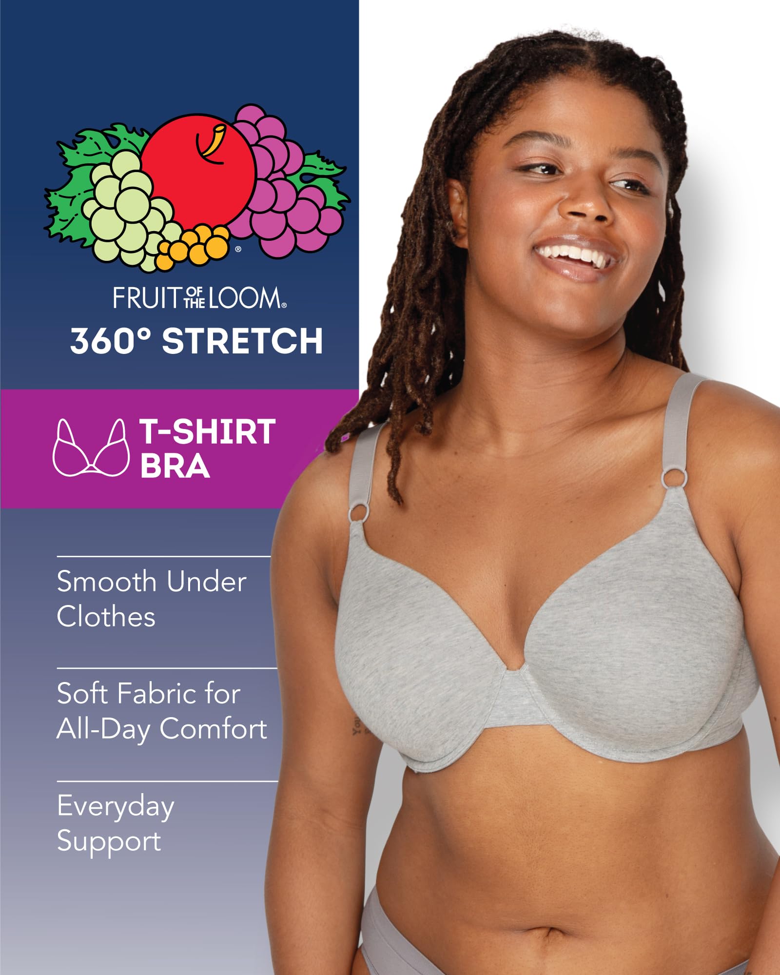 Fruit of The Loom Womens Smooth Cotton T-Shirt Bra - Ultra-Soft, Flexible, and Invisible Under Tees: 36D Deja Blue/Skipper Blue/Grey Heather
