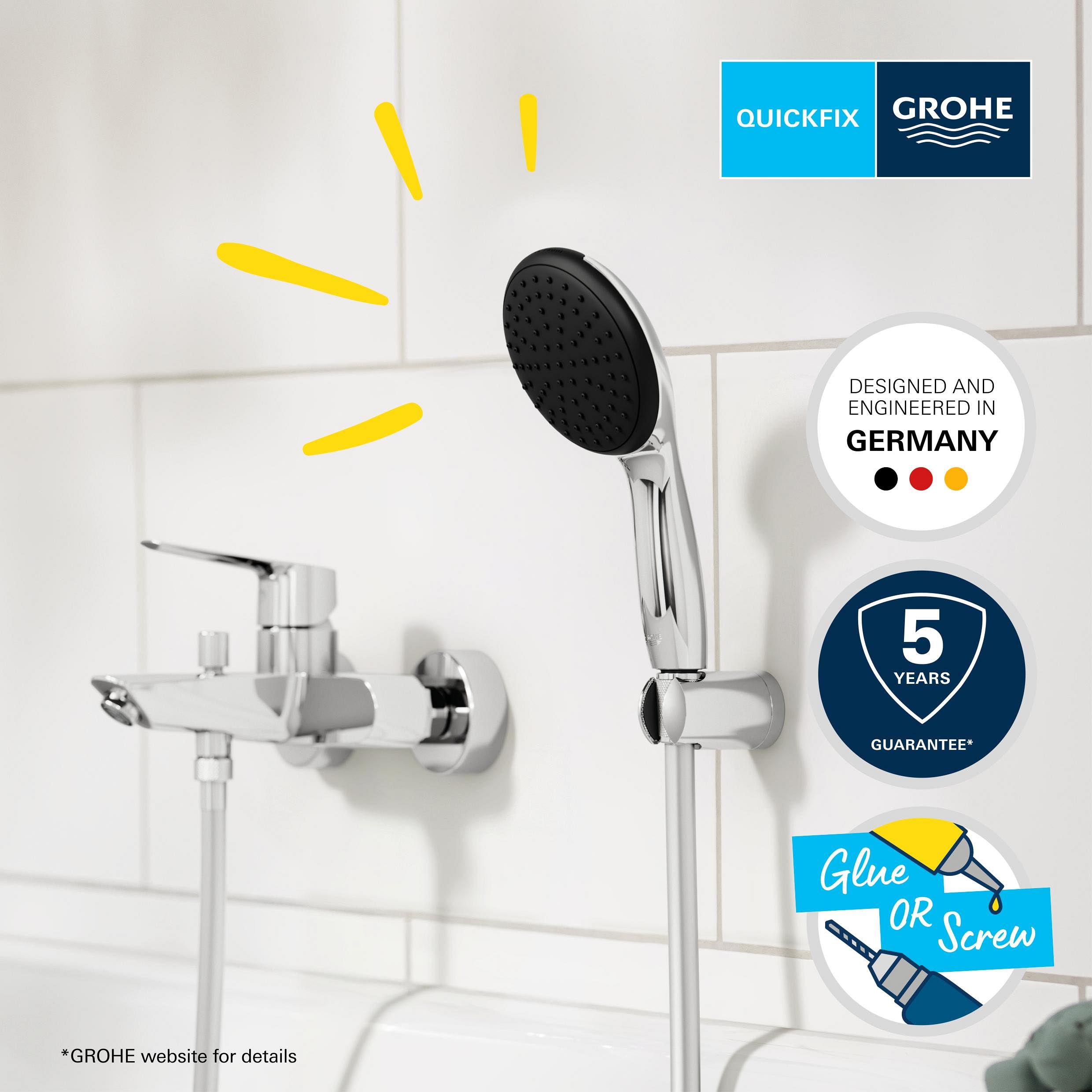 GROHE Start, Badewannenarmatur mit Duschkopf (Duscharmatur für die Badewanne, Auto-Umstellung Wanne/Brause, mit Handbrause, 1,5m Duschschlauch, klebbare Halterung ohne Bohren), chrom, 25283002