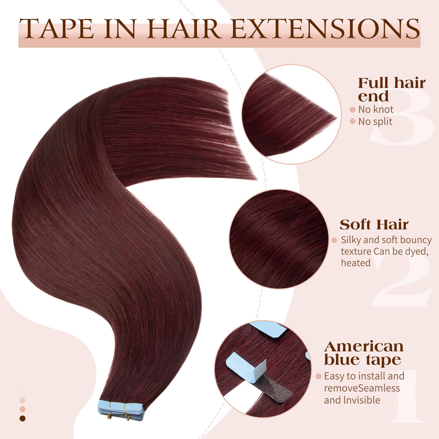 Tape in Hair Extensions Human Hair 12 Inch,Invisible Seamless Remy Human Hair Extensions,Silky Straight with Thick Ends Tape Ins for Women 20Pcs（#99 Burgundy）