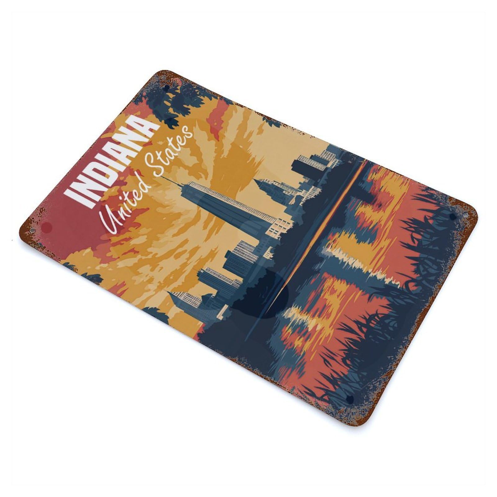 Rust Effect Indiana Skyline Rusty Metal Tin Sign 11.8"x7.9", Rustic Home Decor for Bistro, Counter And Cafe Decor