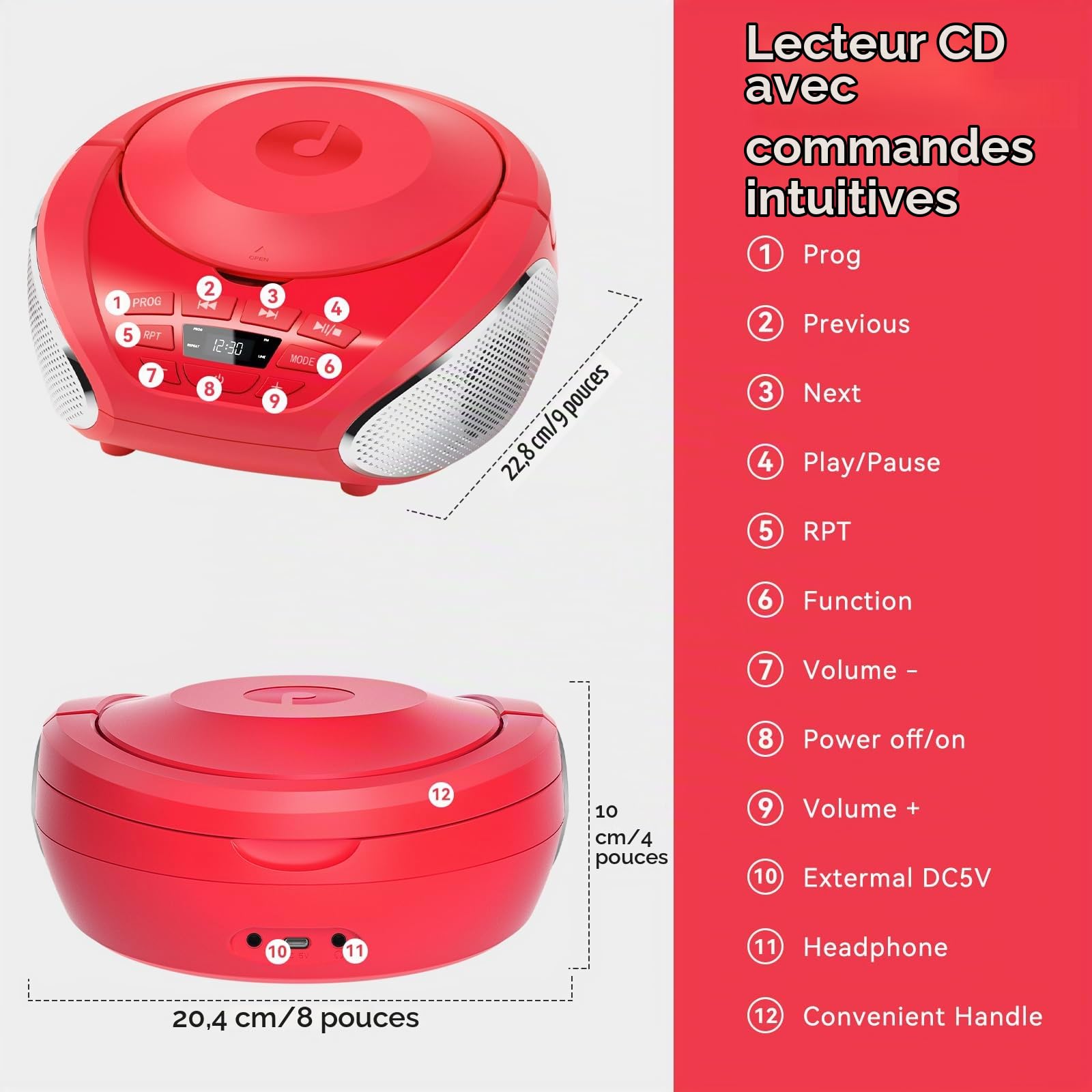 Gueray Lecteur CD Portable Boombox avec Haut-parleurs et Radio Rouge
