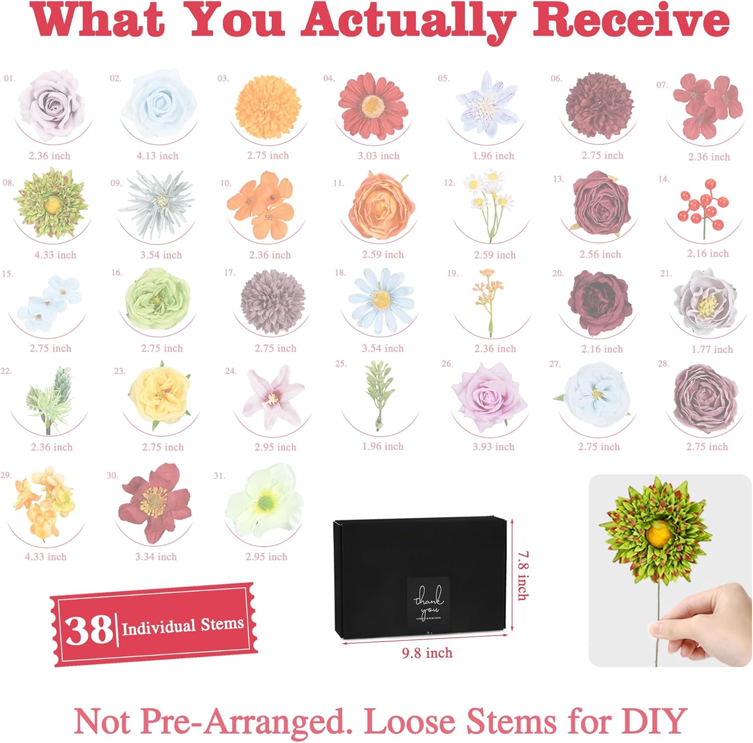 Artificial Flowers Combo Box, 38PCS Fake Flowers, Silk Flower Mix with Wire Stem, DIY Wedding Bridal Bouquet for Arrangement, Shower Party Home Décor, Multi Color