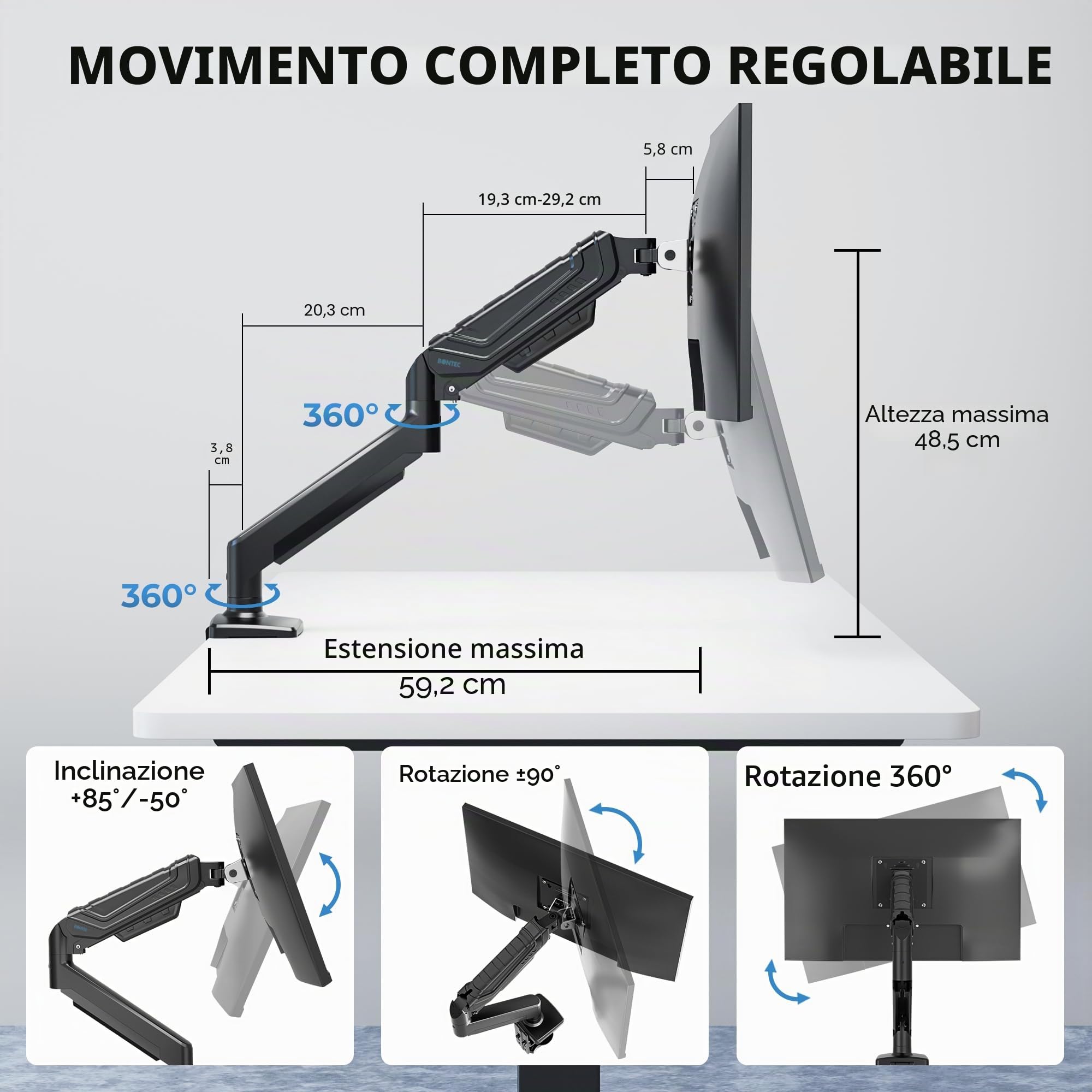 BONTEC Supporto Monitor da Scrivania 15-34 Pollici, Braccio Monitor a Gas Ergonomico Fino a 12 KG, Vesa 75x75 100x100, Inclinazione Rotazione Altezza Regolabile, Staffa Stabile con Gestione Cavi