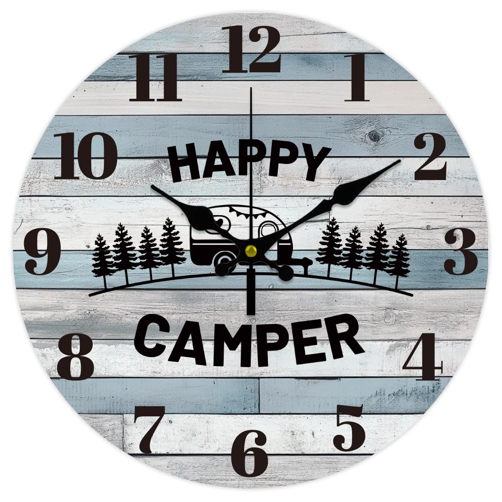 CHGCRAFT 12inch Camping Forest Pattern en Wall Clock Battery Operated Silent Non Ticking Round Decorative Clock for Office Home Living Room Bedroom Bathroom Kitchen Decor, Camping