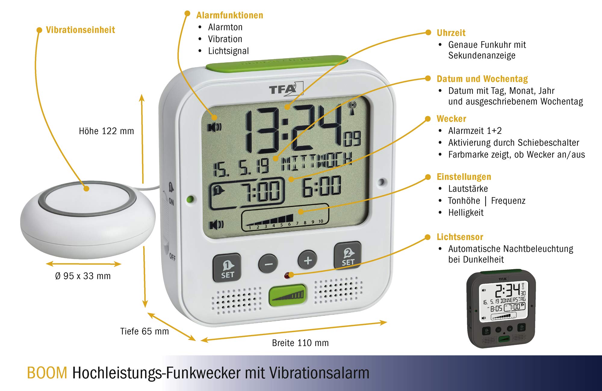 TFA Dostmann Boom Radio despertador con alarma de vibración (blanco)