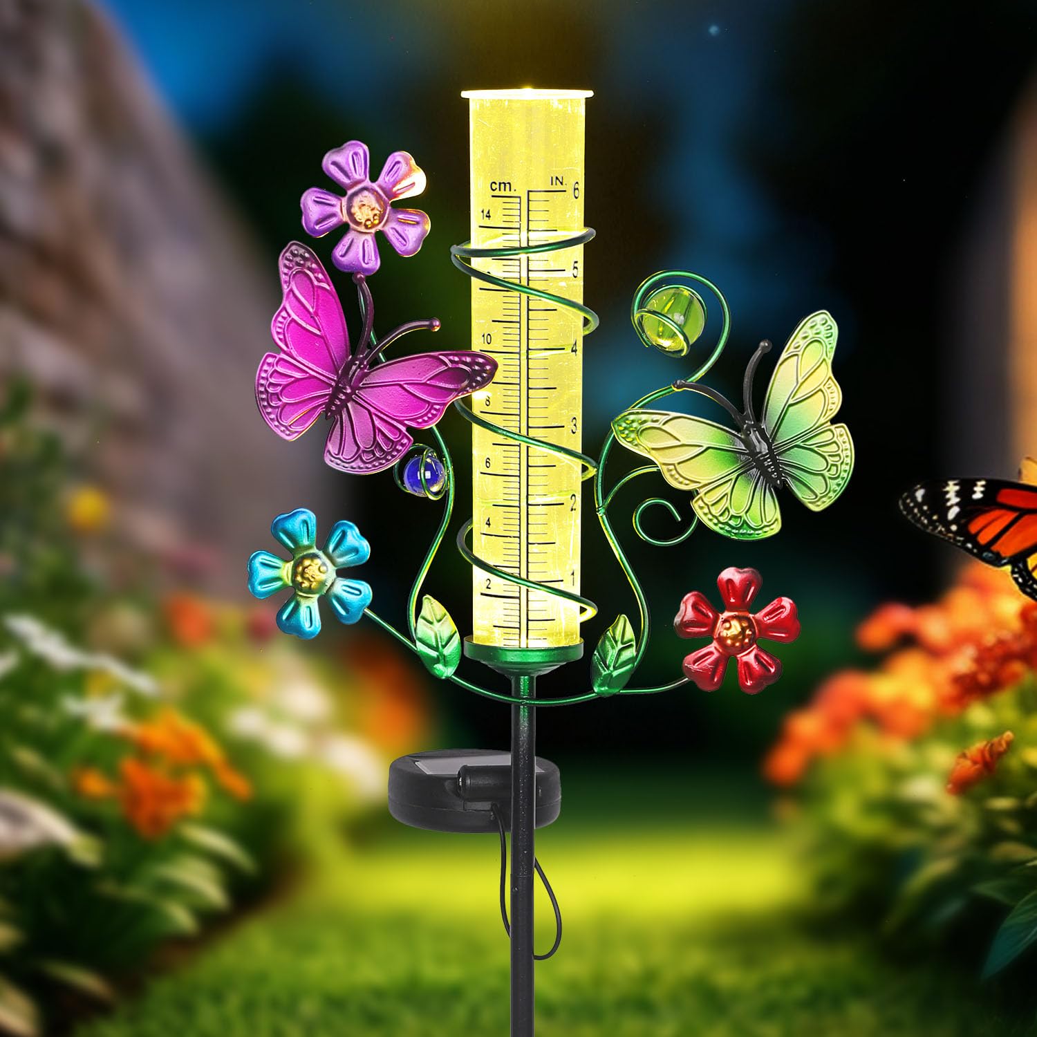 Pluviomètre papillon avec tube en plastique de 15,2 cm, jauge de pluie précise pour l'extérieur avec lampes solaires LED, outil de mesure de pluie pour jardin, pelouse, terrasse