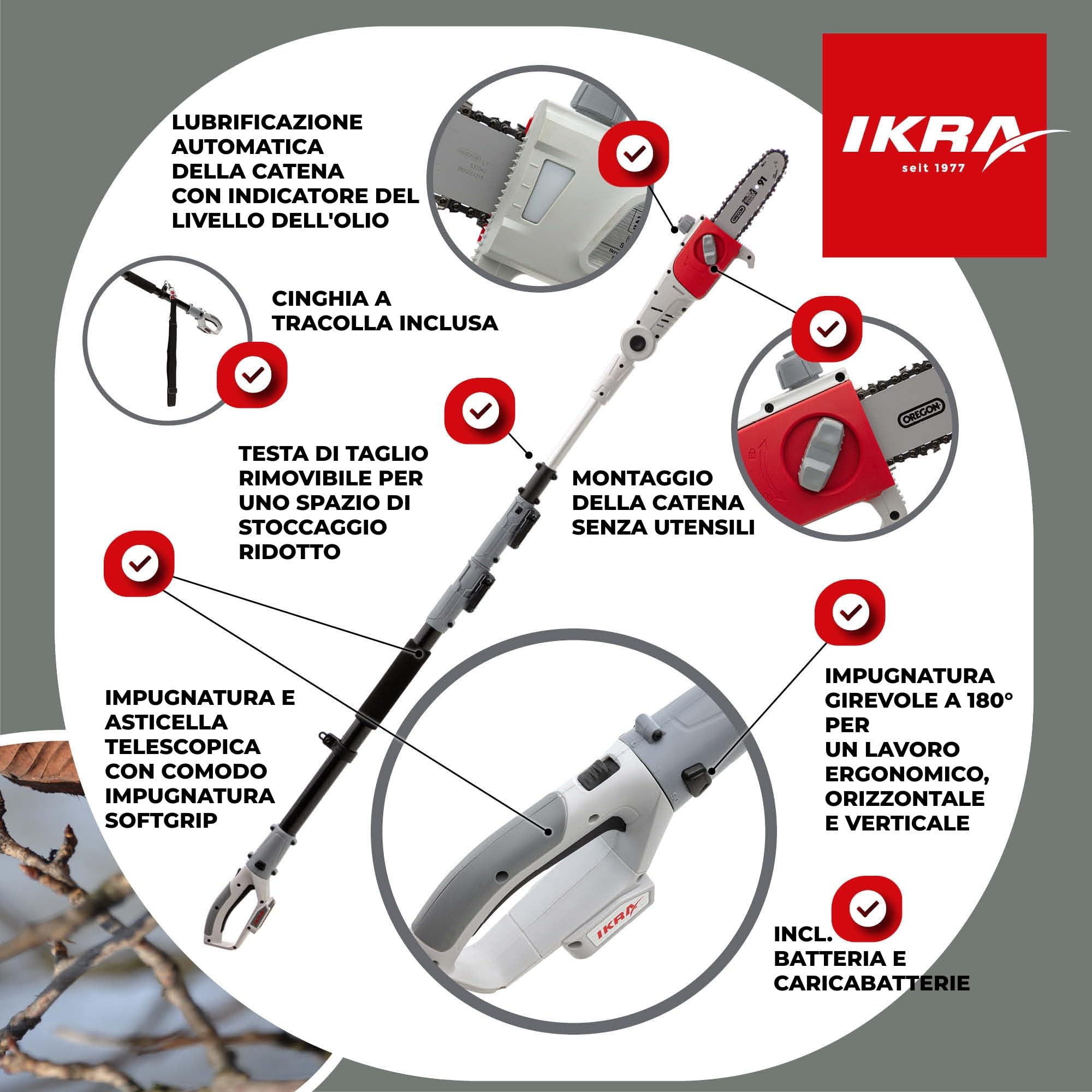 IKRA potatore telescopico ICPS 2020, lunghezza della lama 20 cm altezza di lavoro 4 m tracolla durata 40 minuti