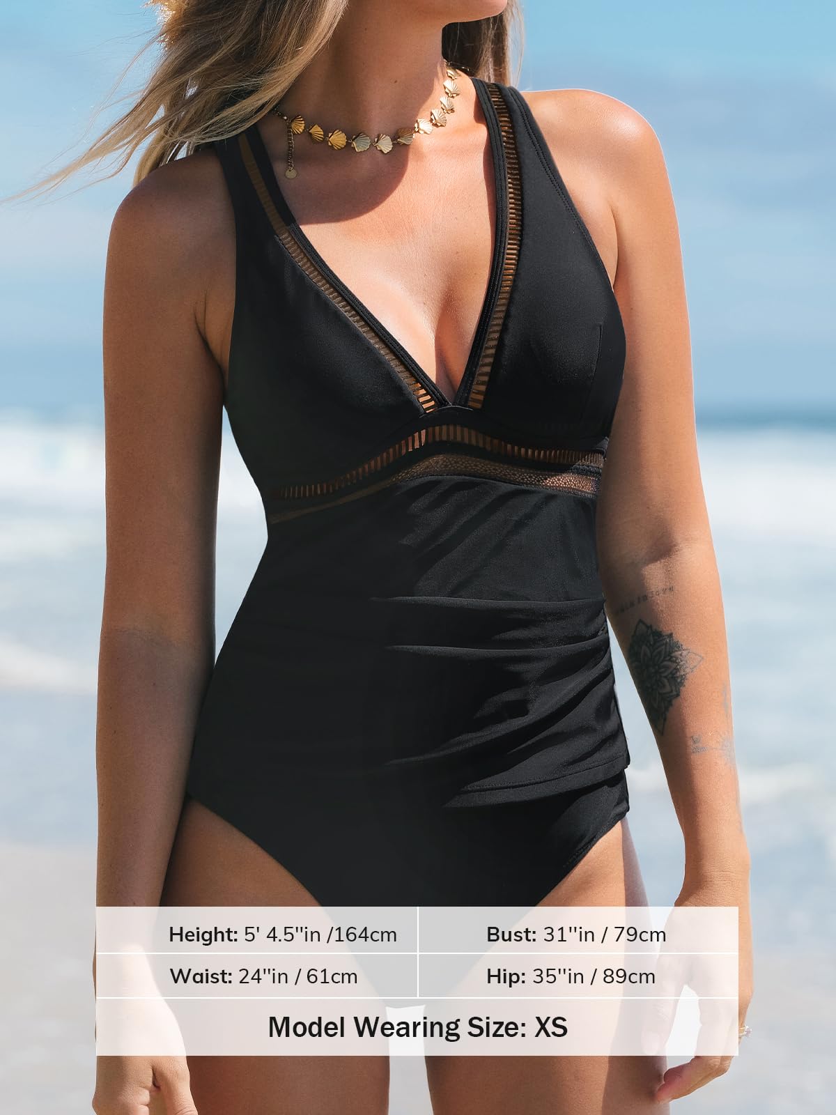 CUPSHE Conjunto de tankini para mujer, traje de baño de dos piezas, cuello en V, traje de baño de malla entrecruzada en la espalda con tirantes ajustables