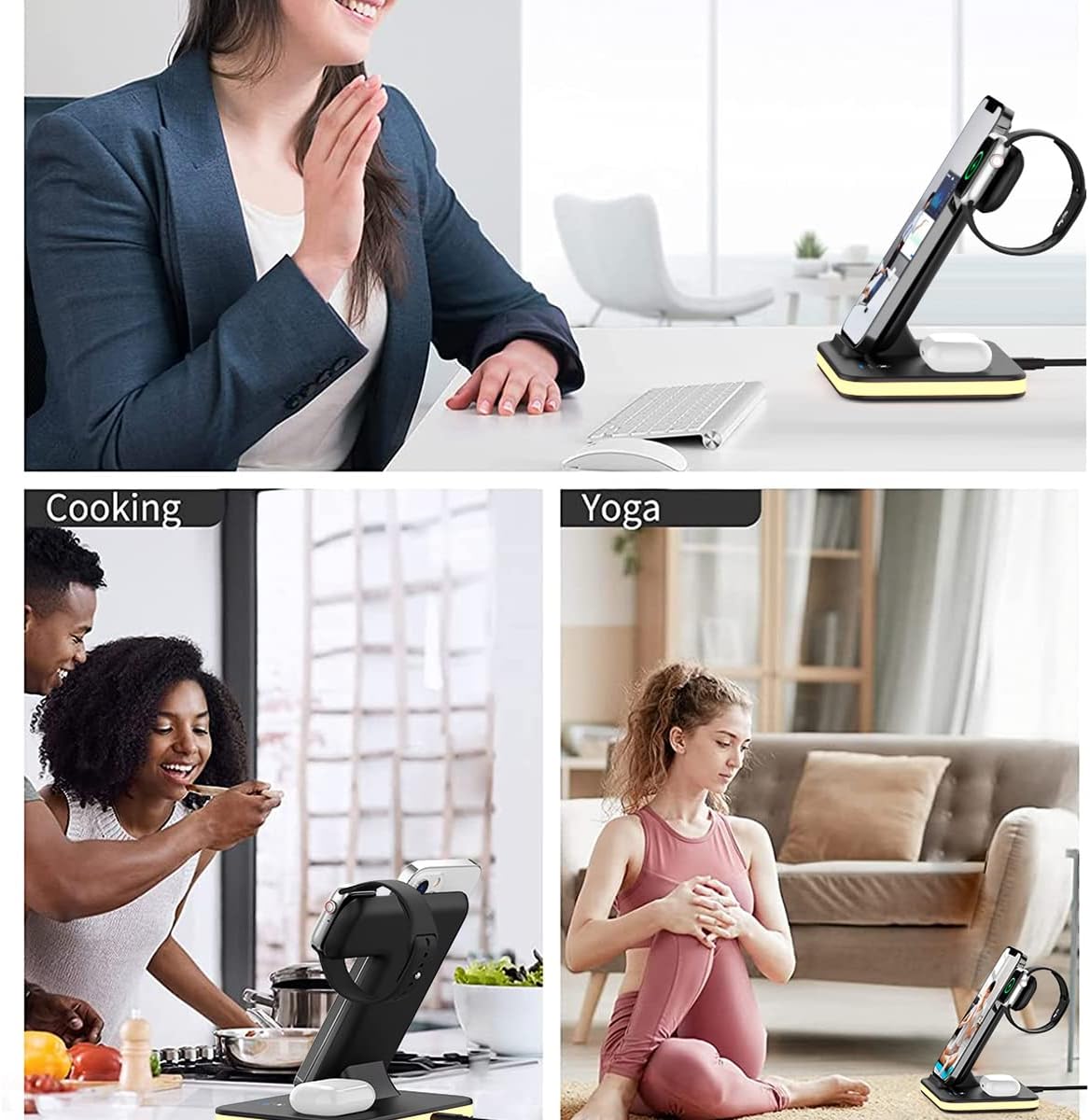 4-in-1 Wireless Charging Stand with Night Light | Compatible with iPhone 14/13/12/11/SE/XS/XR/X/8 Plus, Pro, Pro Max Models, Watch, 2,3, Pro | Adjustable Night Light (White)