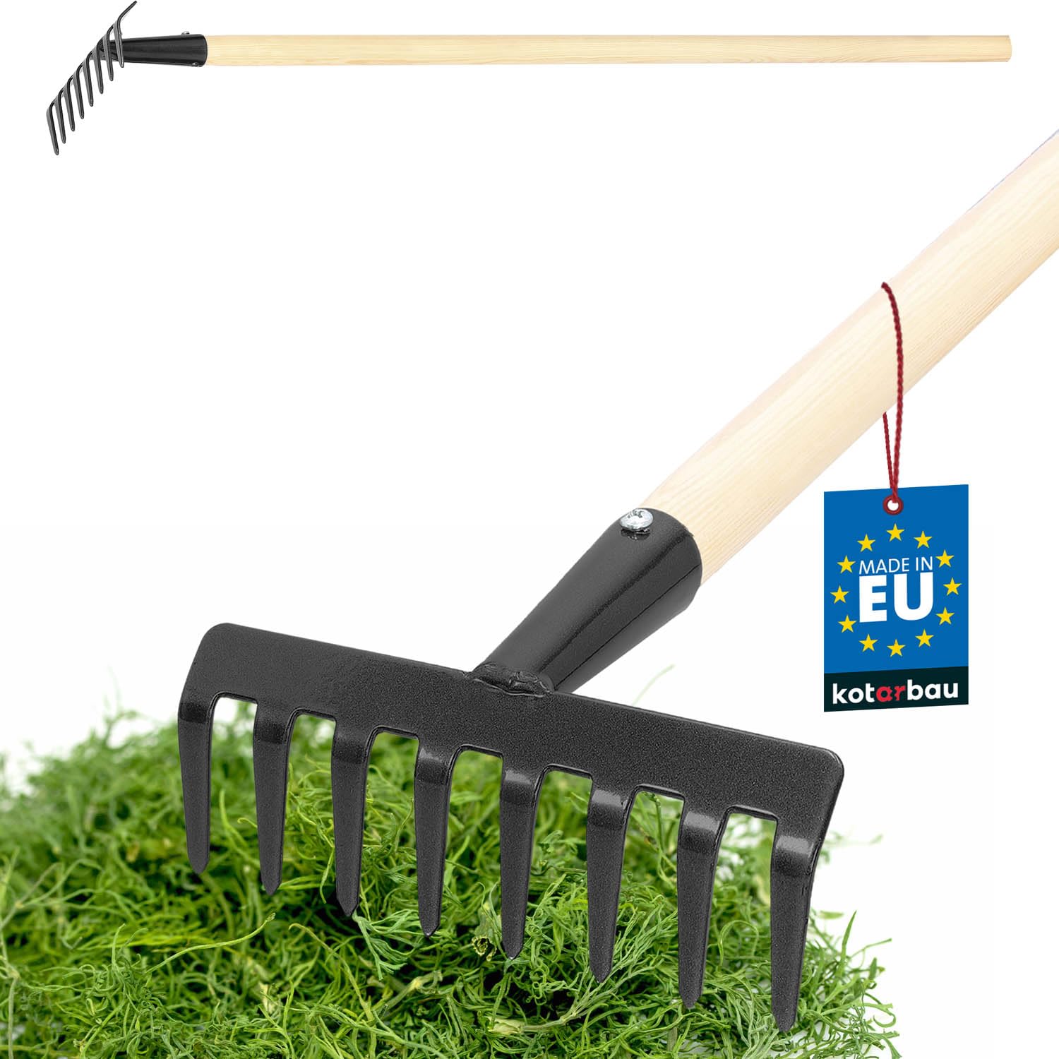 KOTARBAU® Rastrillo de Metal Resistente, Rastrillo para Barrer Hojas, Rastrillo Recto, Acero, Rastrillo de jardín con Mango de Madera, Rastrillo para césped con Dientes Rectos, Herramientas de jardín