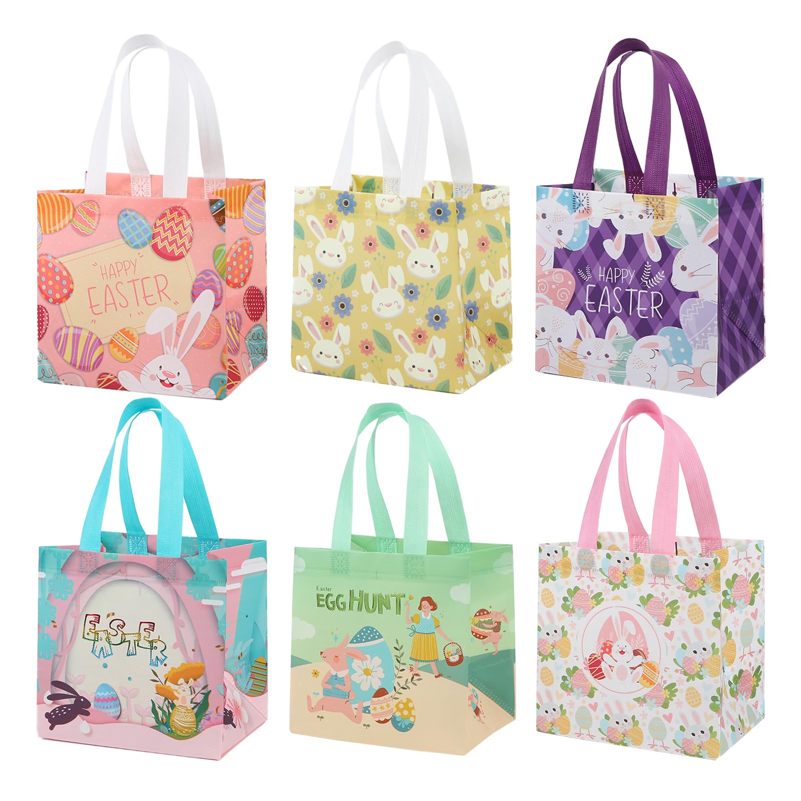 AUXHCYL 6 Pack Easter Gift Bags with Handles, Non-Woven Reusable Bunny & Carrot Design, Perfect for Easter Egg Hunt, Party Supplies, and Gift Wrapping