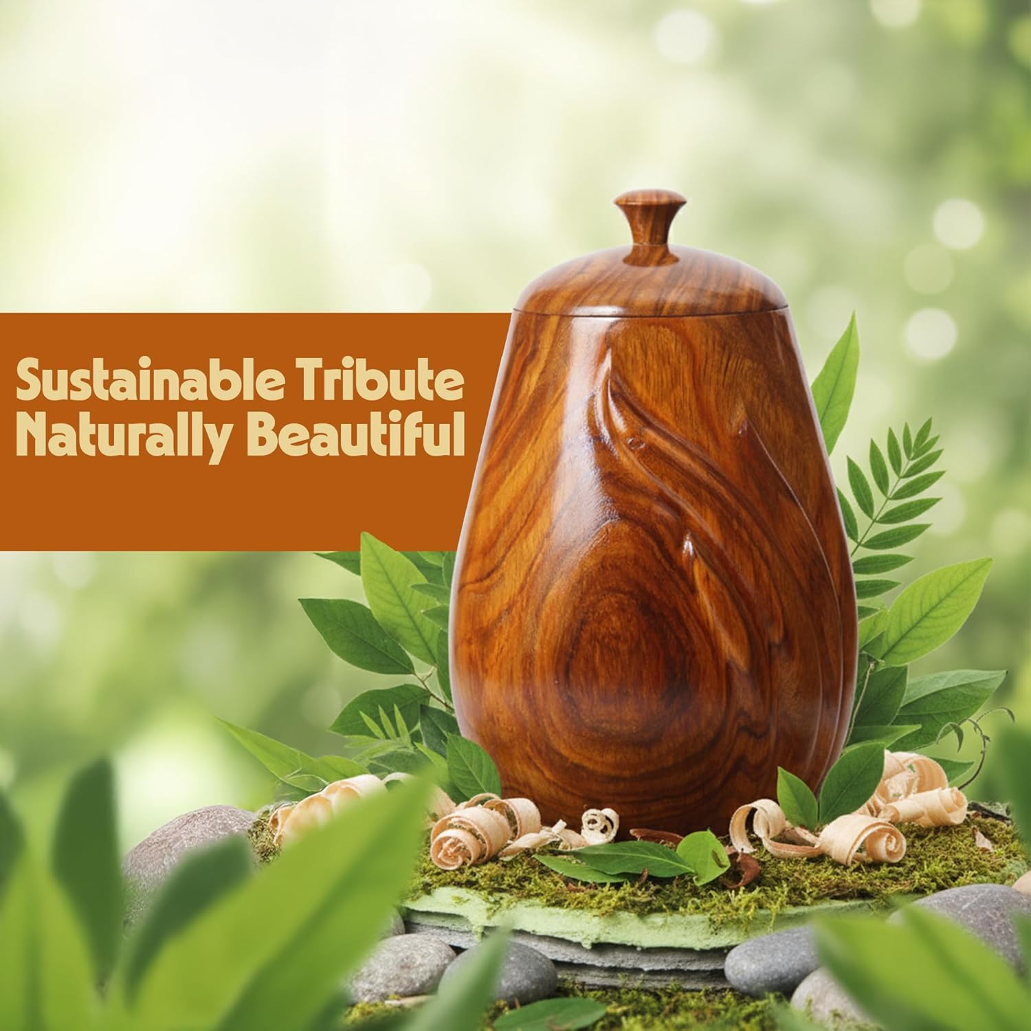 Wooden Cremation Urn – 200 Cubic Inch Adult Size, Solid Single-Block Craft, Unique Elegant Design, Indian Rosewood, Fully Biodegradable.
