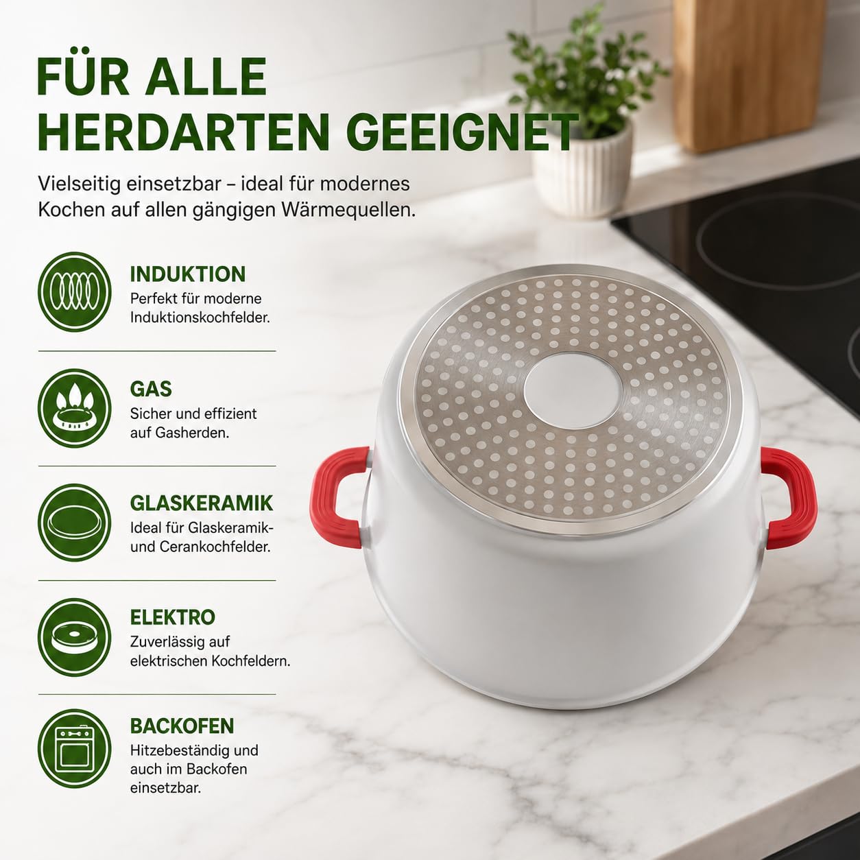 Royal Swiss Suppentopf 6,2 liter Ø24 cm cream white, Antihaft Kochtopf mit Glasdeckel, Abnehmbaren Griffen, Induktion Gas Elektro Keramik Halogen, Backofenfest Ohne Griffe