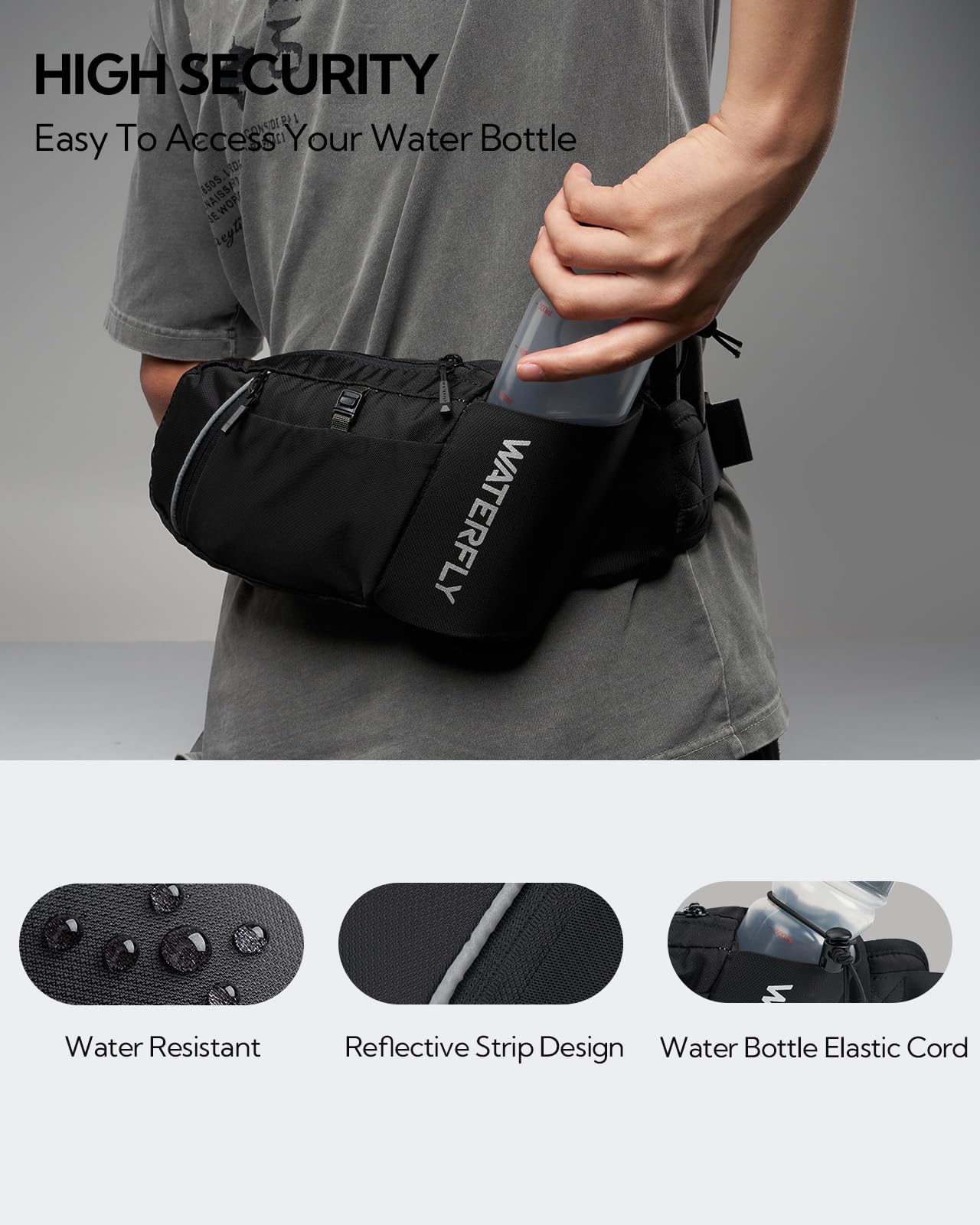 WATERFLY Bauchtasche Herren Damen mit Flaschenhalter: Sportliche Klein Gürteltasche Stylische Joggen Hüfttasche Gassi Bumbag Hundetraining Bum Belt MTB Hipbag Reisen Bauchbeutel Sport Hip Bag