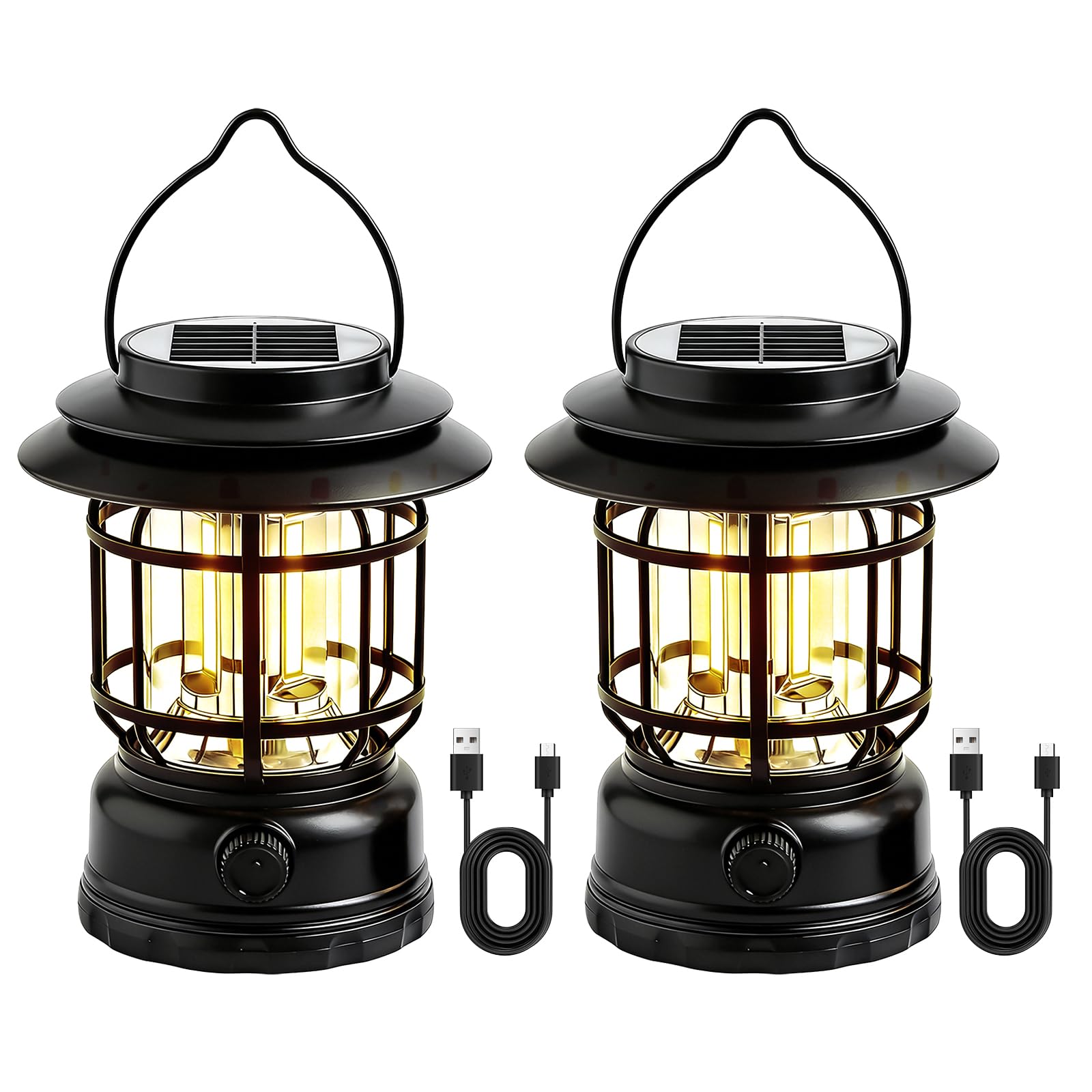 2 lampade da campeggio a LED, a energia solare, dimmerabili, USB, ricaricabili, retrò, da campeggio, IPX4, impermeabili, portatili, per pesca, emergenze, tenda all'aperto (nero)