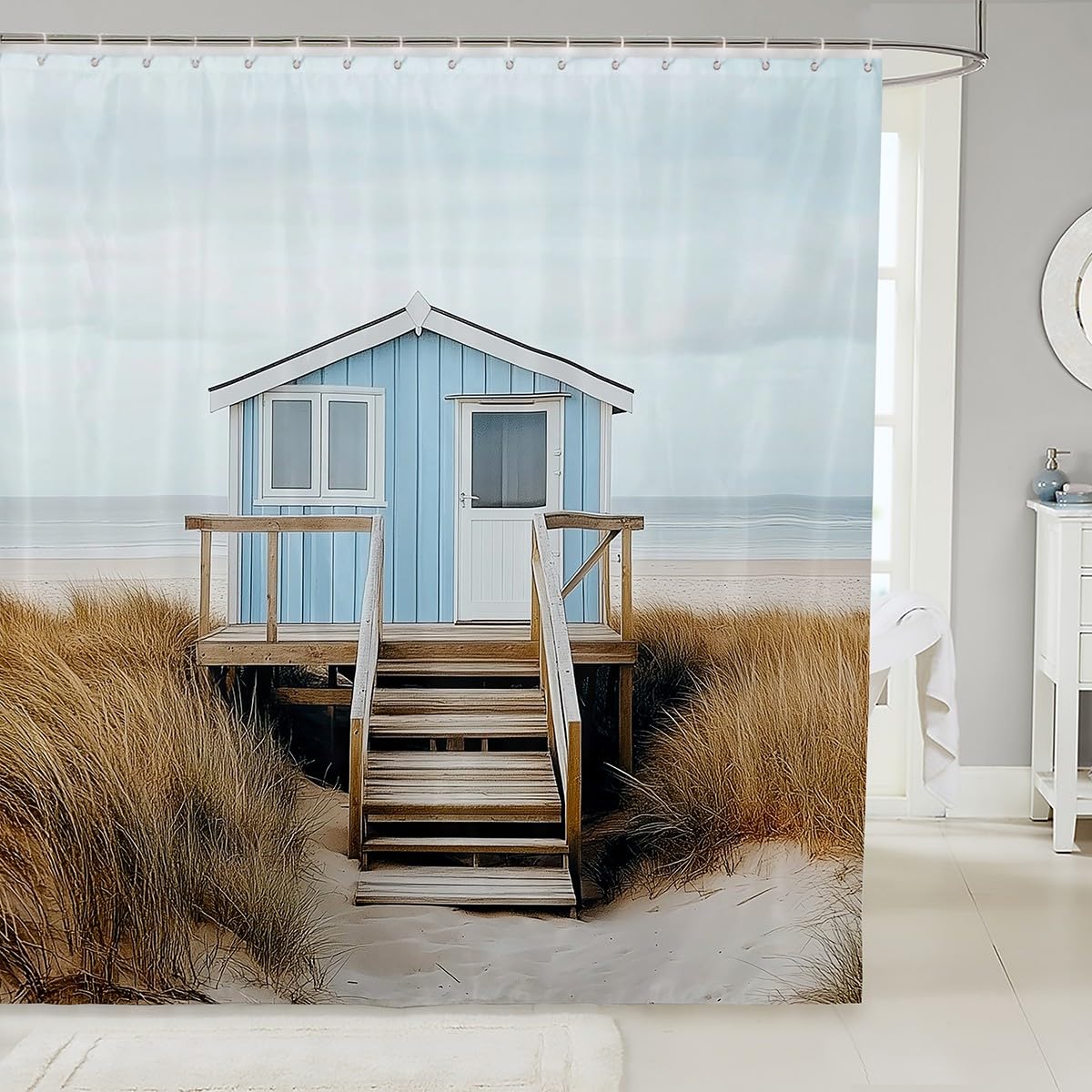 Manfei Coastal Style Shower Curtain for Stalls Bathtubs Summer Holiday Cottage Bathroom Shower Curtain Set Beach Weed Landscape Bath Curtain Soft