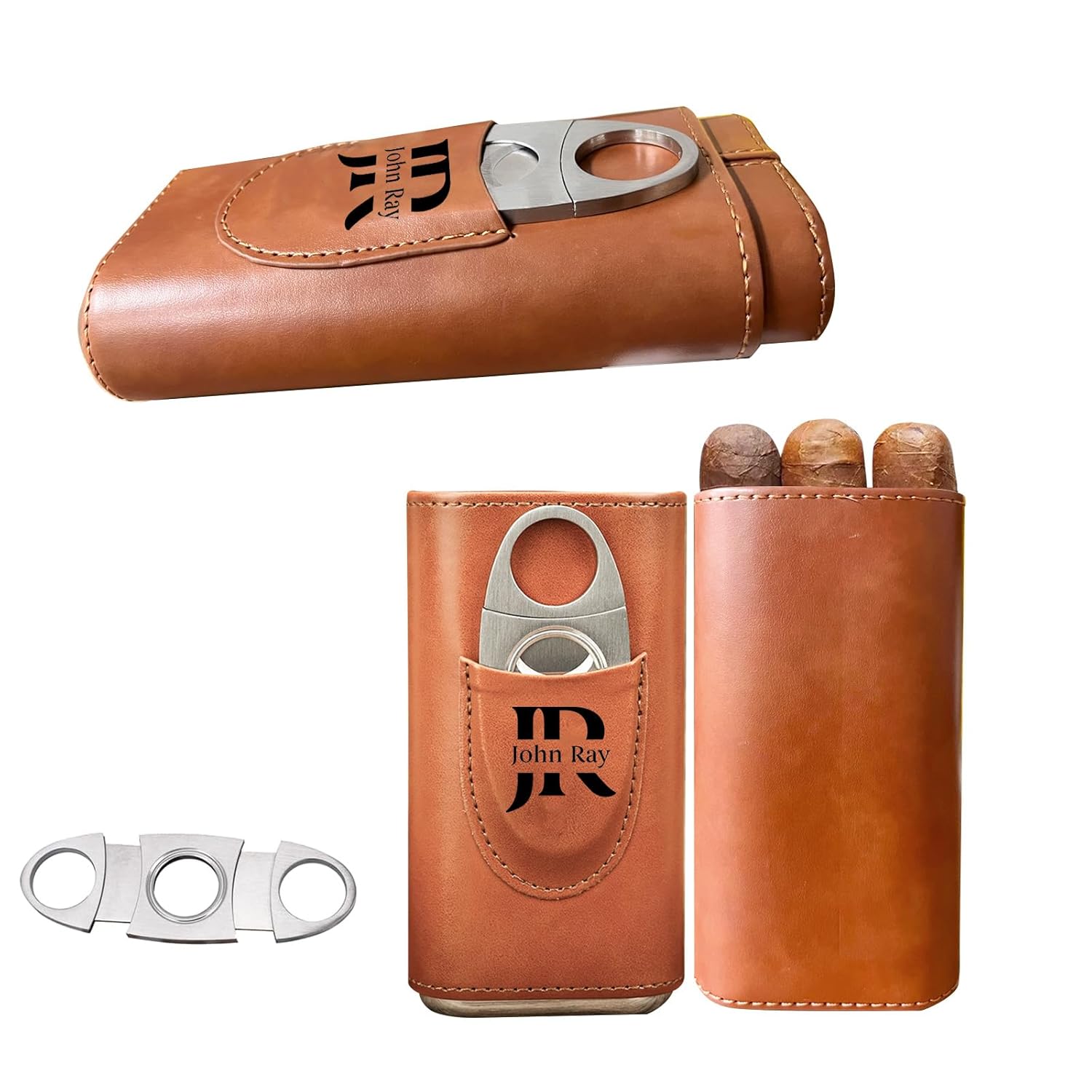 Personalized Cigar Case, Custom Leather Cigar Case Cigar Cutter Set, Portable Travel Cigar Carrying Cases for Men, Engraved Name Design Cedar Lined Cigar Bag, Gift for Husband Dad Cigar Lover