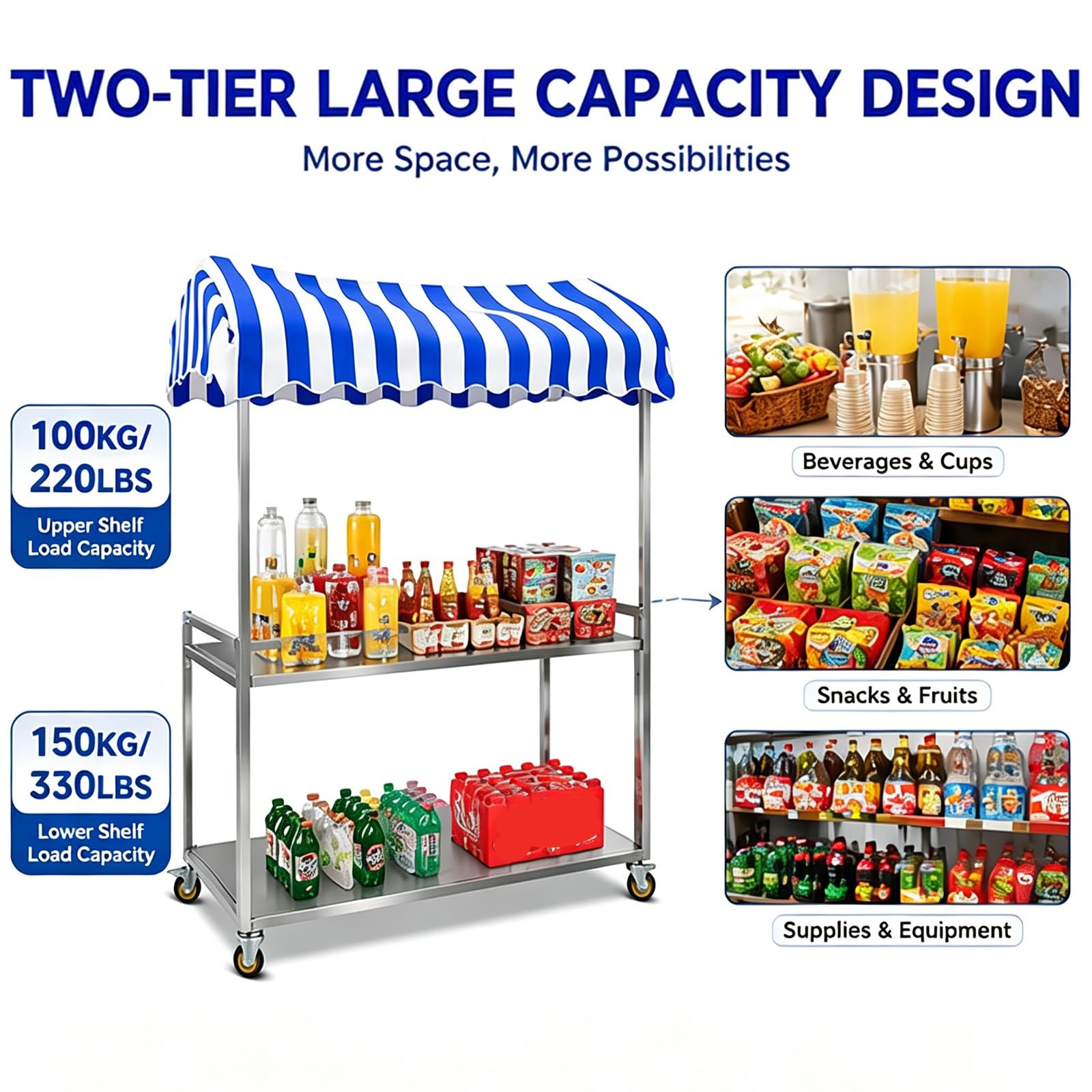 Carrito de Vendedor Plegable, Estructura Reforzada de Acero Al Carbono, Mesa de Dos Niveles, Carro de Venta Móvil con Toldo y Ruedas con Bloqueo, para Eventos(Yellow,50x100cm/20x39in)