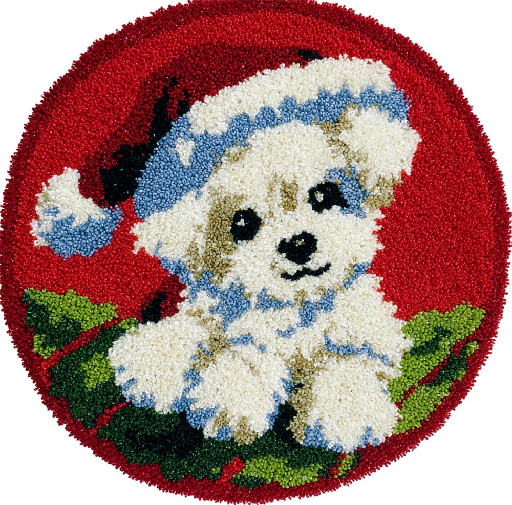 kitphoenix Latch Hook Rug Kit, DIY Latch Hook Christmas Puppy 20X20Inch (50X50Cm) Rug Handmade Carpet, Crochet Yarn Embroidery Needlework Hooks DIY Latchs Kit for Beginners, Home Decor