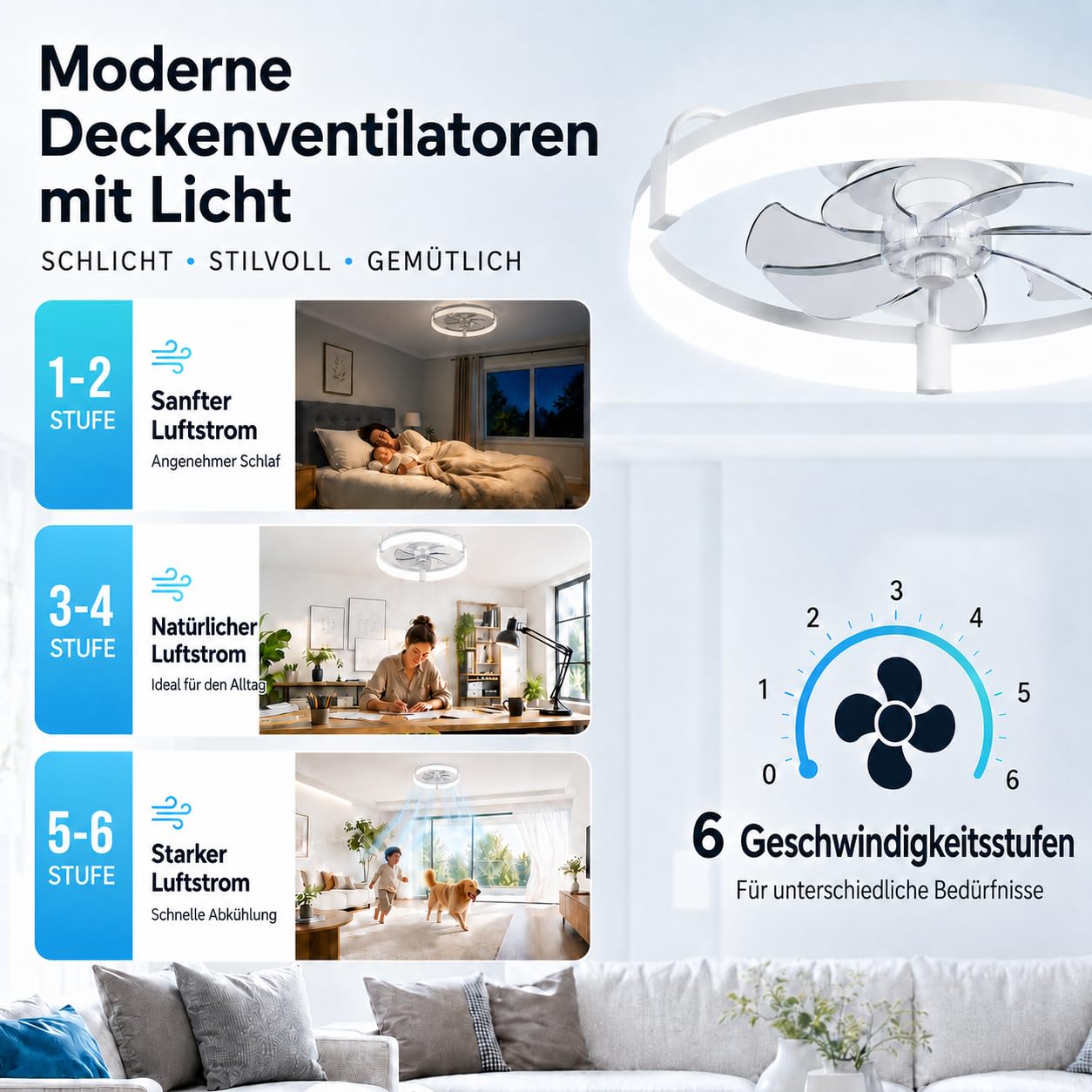 Deckenventilator mit Licht und Fernbedienung, 50 cm LED Deckenventilator, 6 Geschwindigkeiten, Timer, 3000K-6000K dimmbar, leiser Ventilator mit Lampe für Schlafzimmer, Wohnzimmer und Esszimmer, Weiß