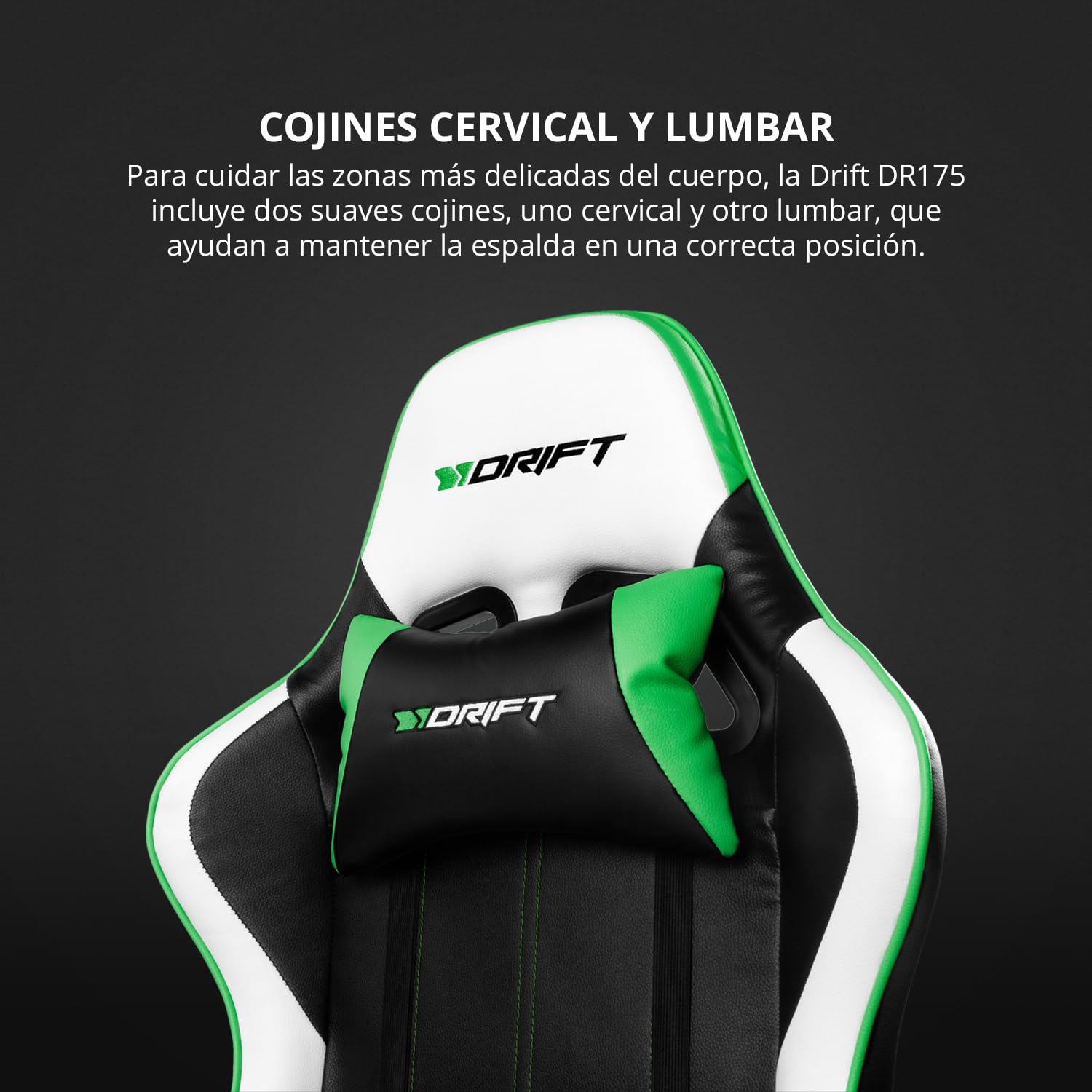DRIFT GAMING DR175 - Silla Gaming Profesional, polipiel, reposabrazos ajustables 2D, pistón clase 4, giratoria, mecanismo de mariposa, cojín lumbar y cervical, color negro/blanco/verde