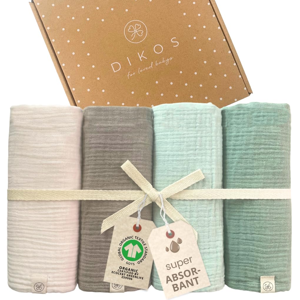 DIKOS® Premium Langes Coton Bébé Menthe Crème | 100% Coton Biologique Certifié GOTS | 64x64cm Set de 4 Pièces | Lange Mousseline Crêpe Bebe doux Garçon et Fille | Cadeau de Naissance Cadeau Nouveau Né