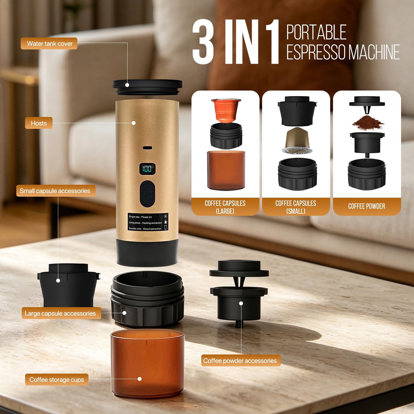 Machine à Café Portable, 3-en-1 Cafetière Nomade Chauffante Rapide, Sans Fil & Auto-Chauffante - Avec Batterie 7800mAh, Fonction de Charging USB-C, Compatible NS/DG/Café Moulu (Or)