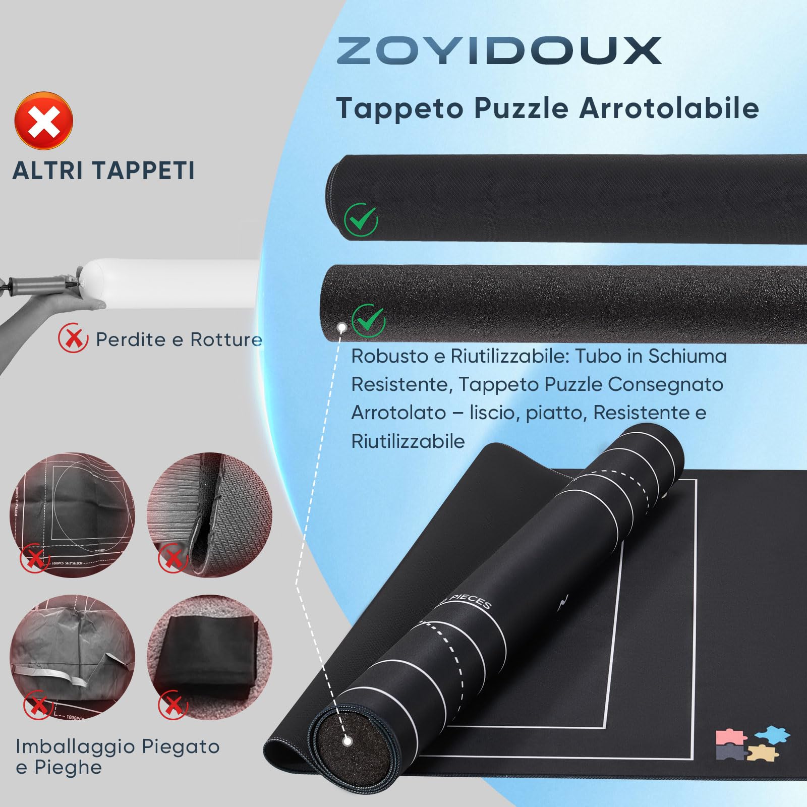 ZOYIDOUX Tappeto puzzle 1500 pezzi – Superficie liscia in poliestere, base antiscivolo in gomma, rotolo di schiuma, 6 vassoi di classificazione e borsa per il trasporto, Protezione efficace dei puzzle