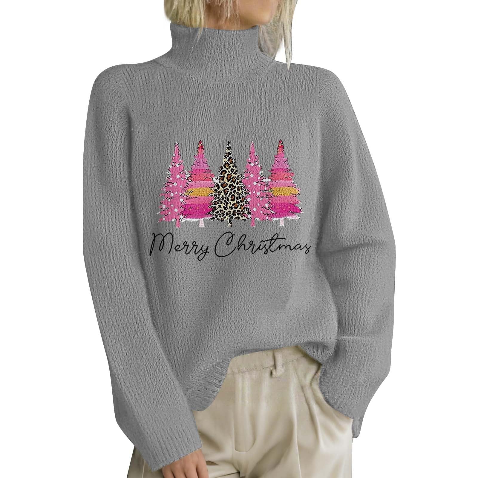 CRNTCEM Womens Christmas Tree Turtleneck Sweater Xmas Snowflake Tree Printed Oversized Pullover Knitted Warm Winter Jumpers