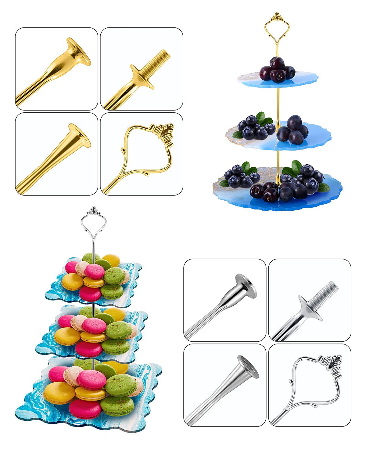 Paquete de 2 soportes para pasteles de 3 niveles, molde de silicona para pasteles con 6 soportes de corona y 10 láminas doradas, molde de fundición de resina para hacer platos de postre, soporte para 3