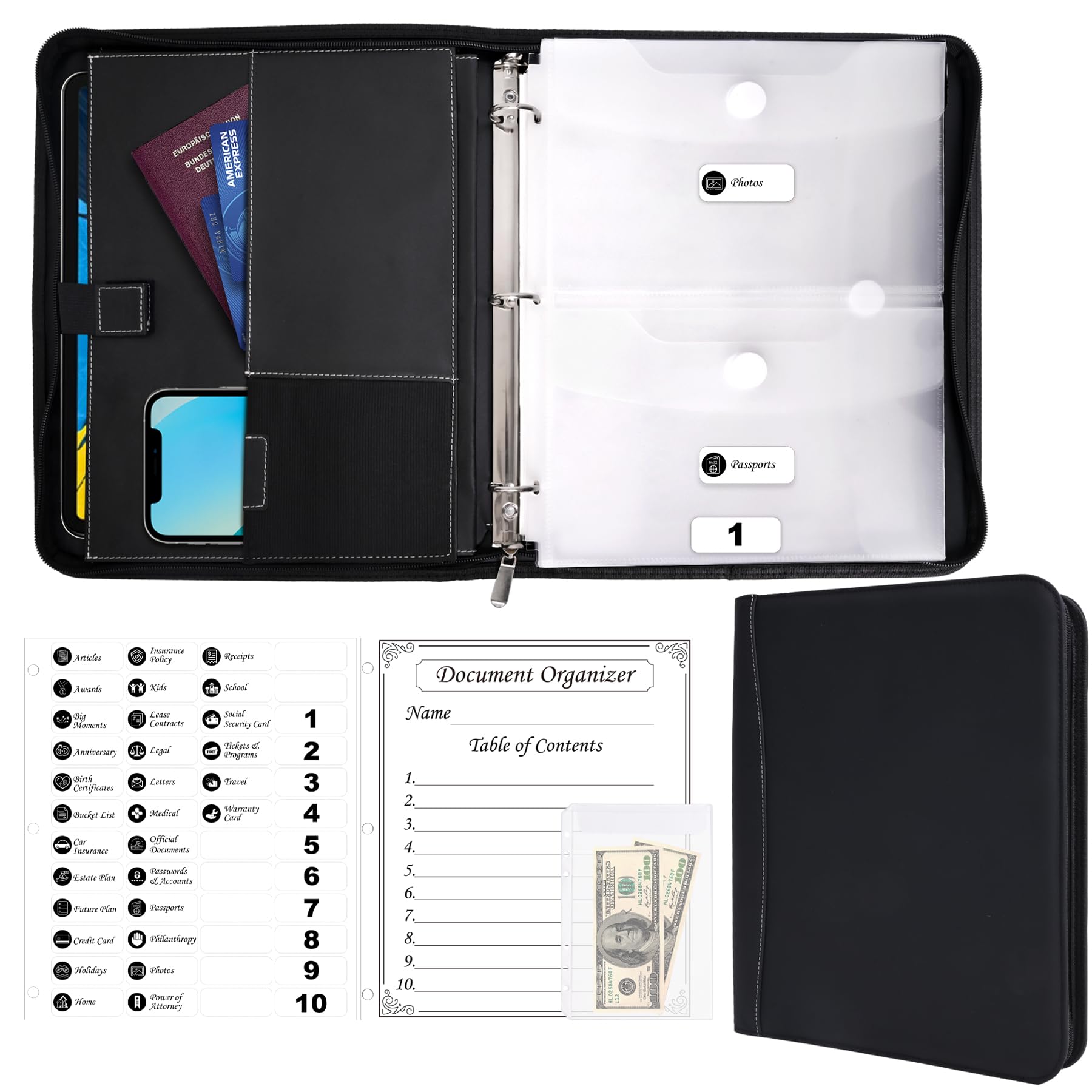 HAUTOCO Porte-documents en cuir synthétique avec 3 anneaux et fermeture éclair pour certificats de naissance, cartes de sécurité sociale, passeports, papiers importants