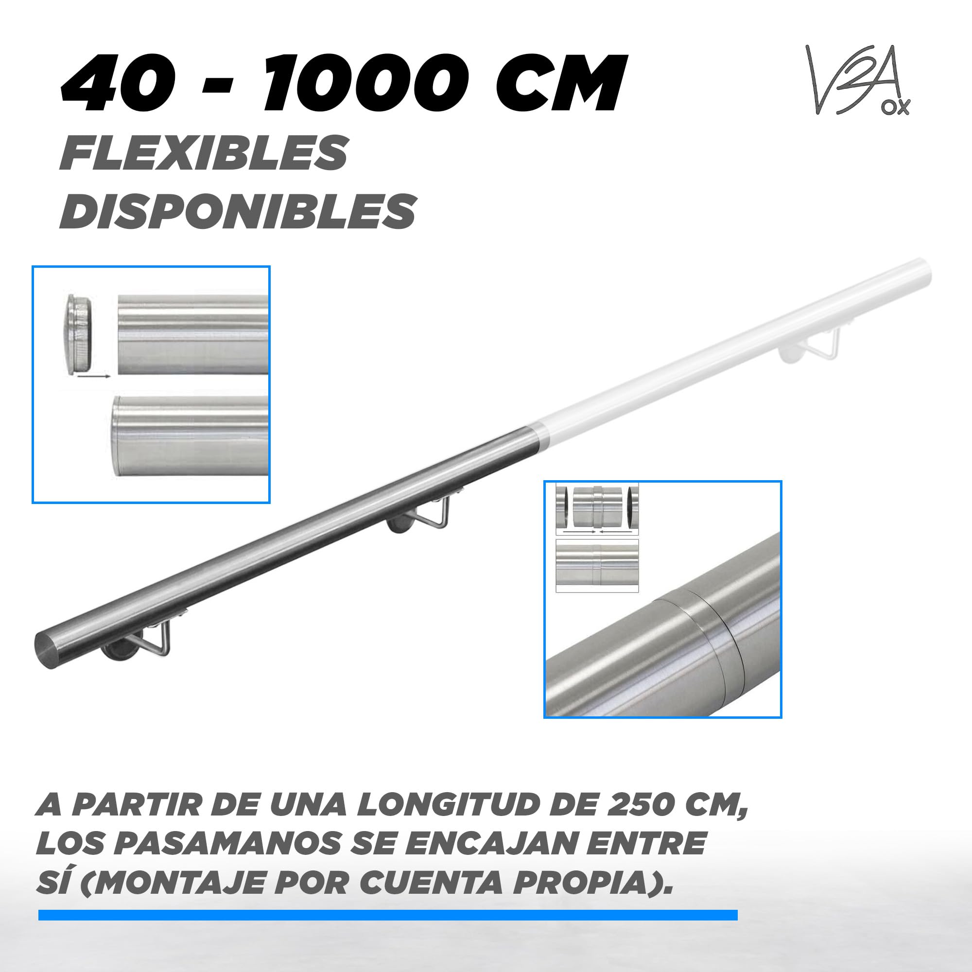 Pasamanos acero inoxidable 316 barandilla baranda pasamanos para pared pared escalera Montaje 40-1000 cm V2Aox, Longitud:350 cm