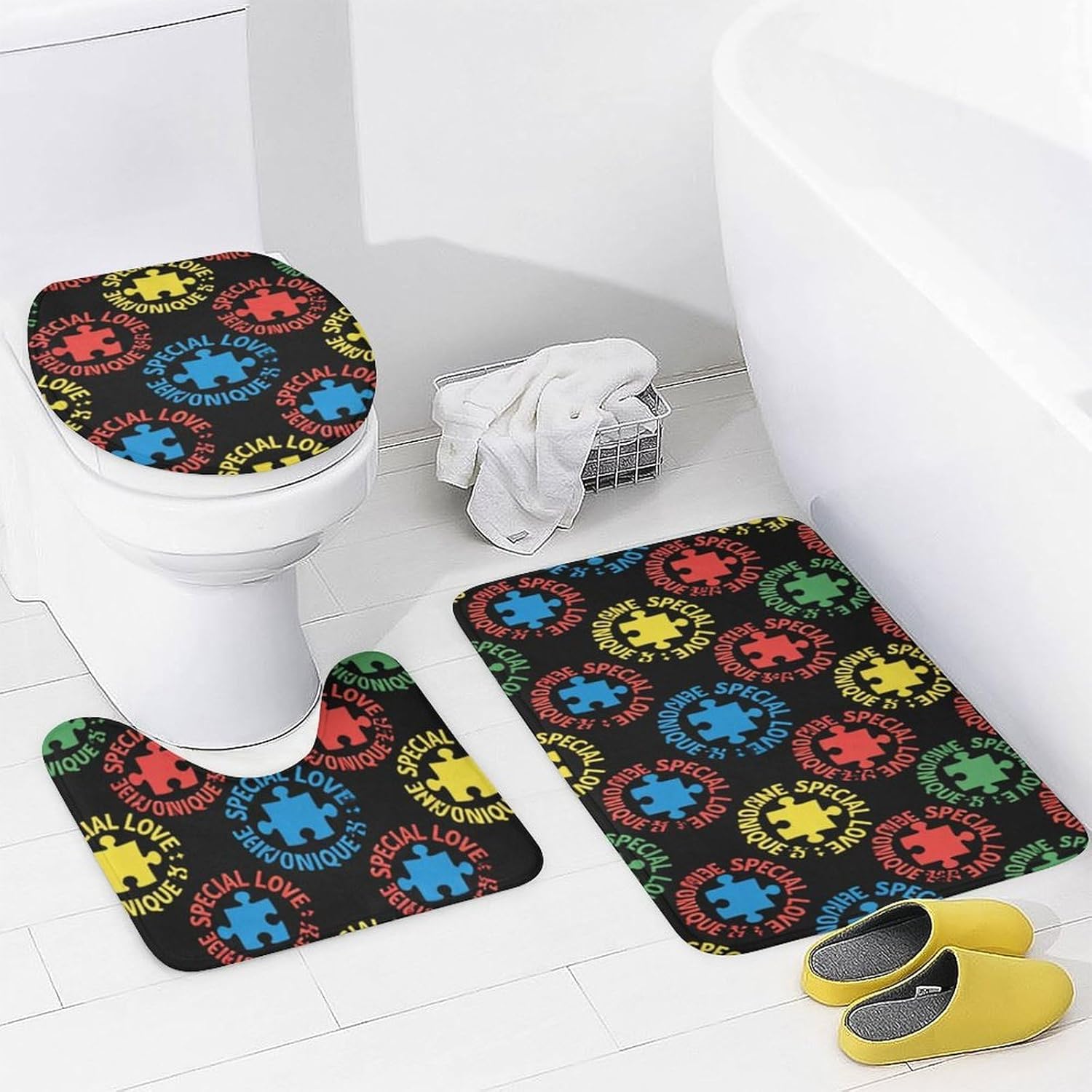 4 Pc Colorful Autism Awareness Puzzle Pieces Heart Black Art Shower Curtains + Bath Mats Set, Water Repellent Window Curtain Super Absorbent Toilet Floor Rug