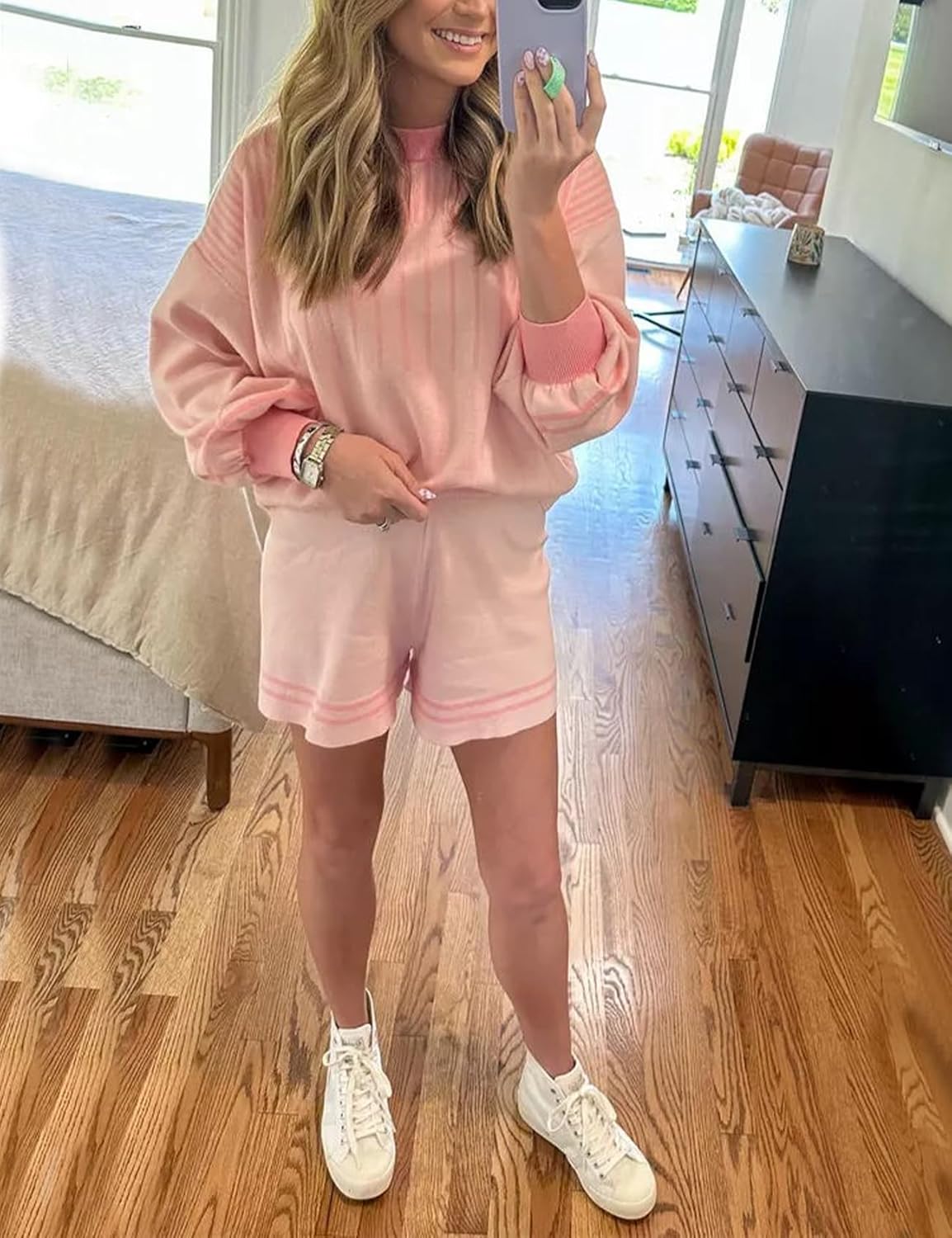 Gihuo Women' s Striped 2 Piece Outfits Crewneck Knit Pullover Sweater Shorts Set Wide Leg Matching Set Loungewear - Image 6