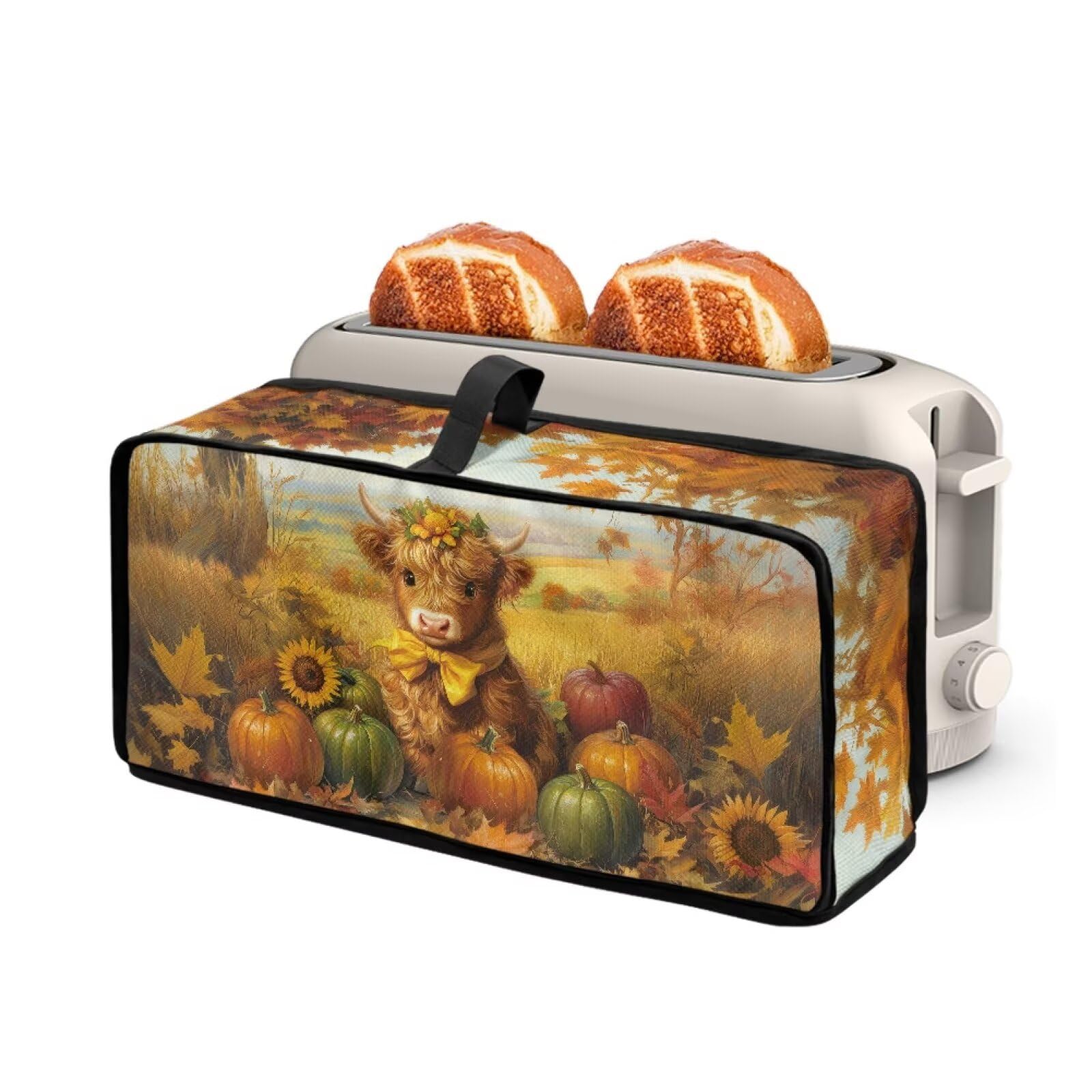 Thanksgiving Day Decor Long Slot Toaster Dust Cover with Top Handle, 2 Slice Bread Maker Oven Keep Kitchen Appliance Clean from Stains and Fingerprint, Sunflower Highland Cow