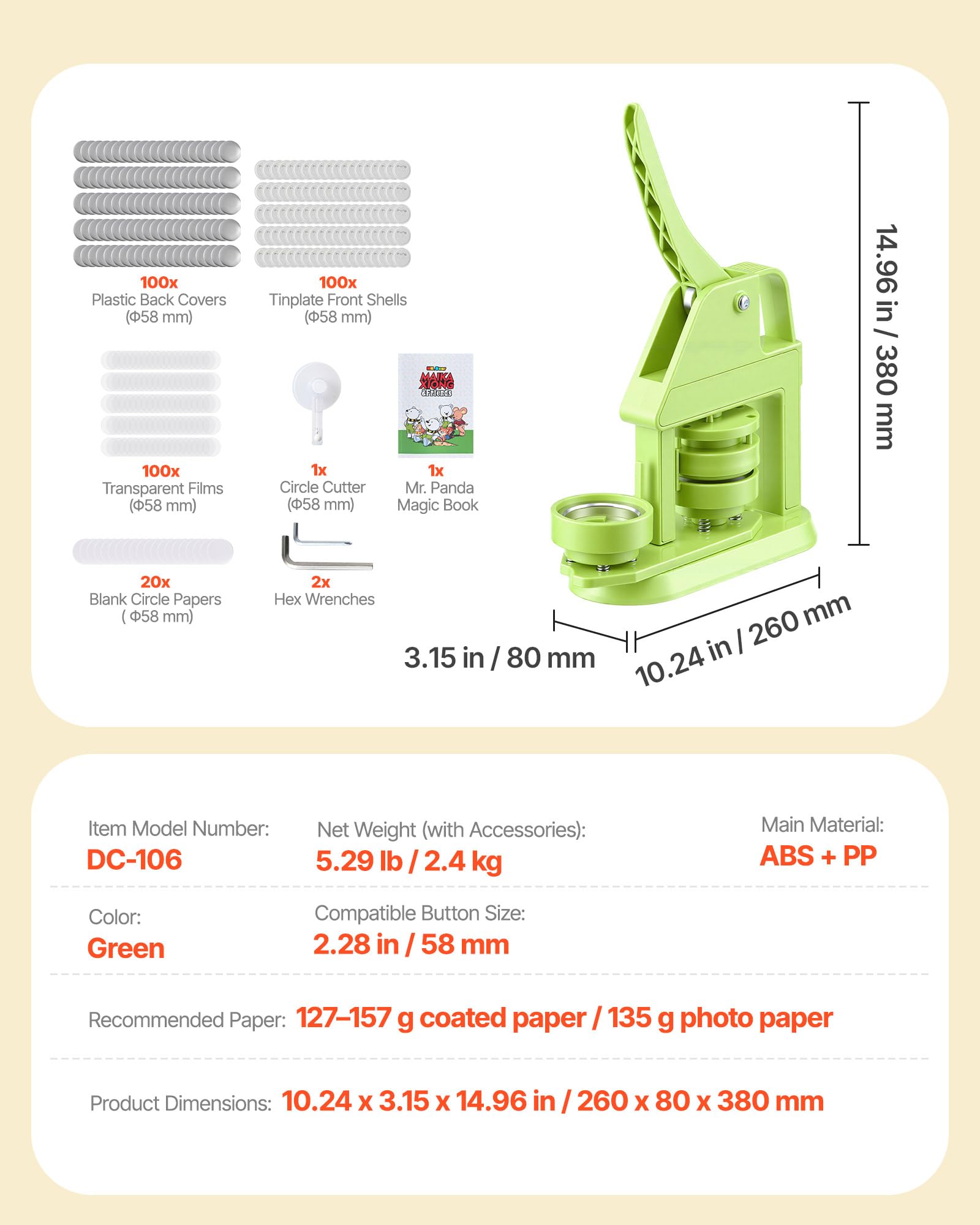 VEVOR Machine à Badge Bouton, 58 mm, Presse à Badges en Plastique avec 100 Kits de Badges, Cutter Circulaire, Clés Hexagonales, Poignée Ergonomique, pour DIY Personnalisation, Enfants et Adultes, Vert