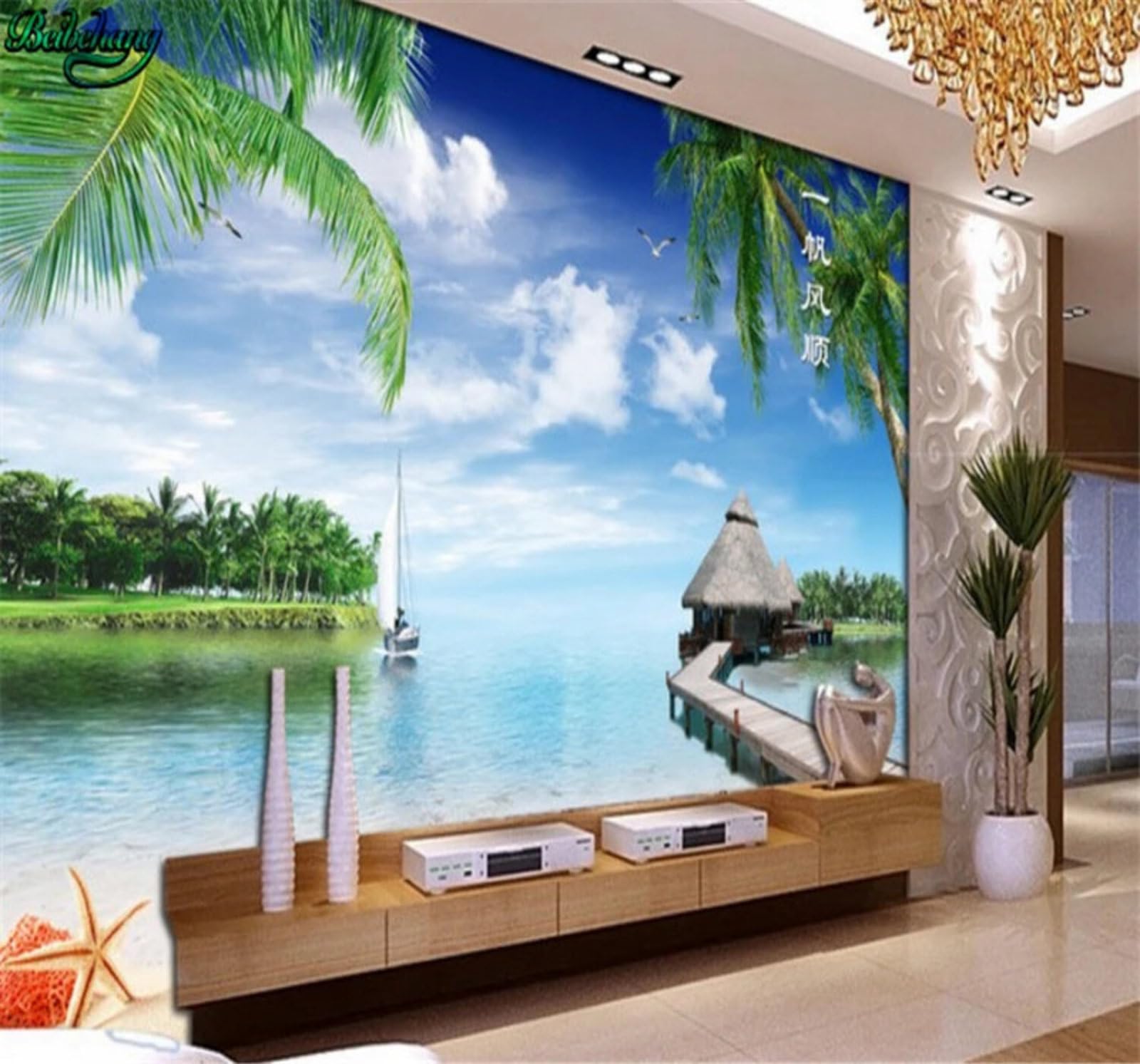Xlming 430Cm×300Cm(B×H) Seagulls Coconut Palms Beach Sailing Boats Scenery 3D Wallpaper Luxury Home Dining Decor Paste Sofa Living Room The Wall For Bedroom Mural-430Cm×300Cm