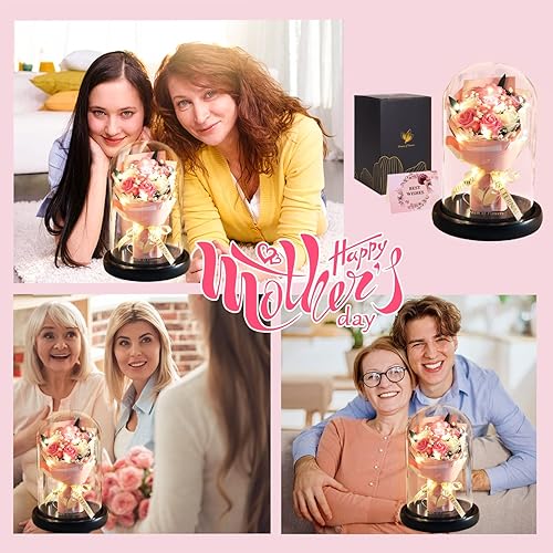 Miniatura 9 de Regalos para el día de San Valentín para ella, regalos de flores de San Valentín para mujeres, rosa en cúpula de cristal con 2 modos de luz, rosas