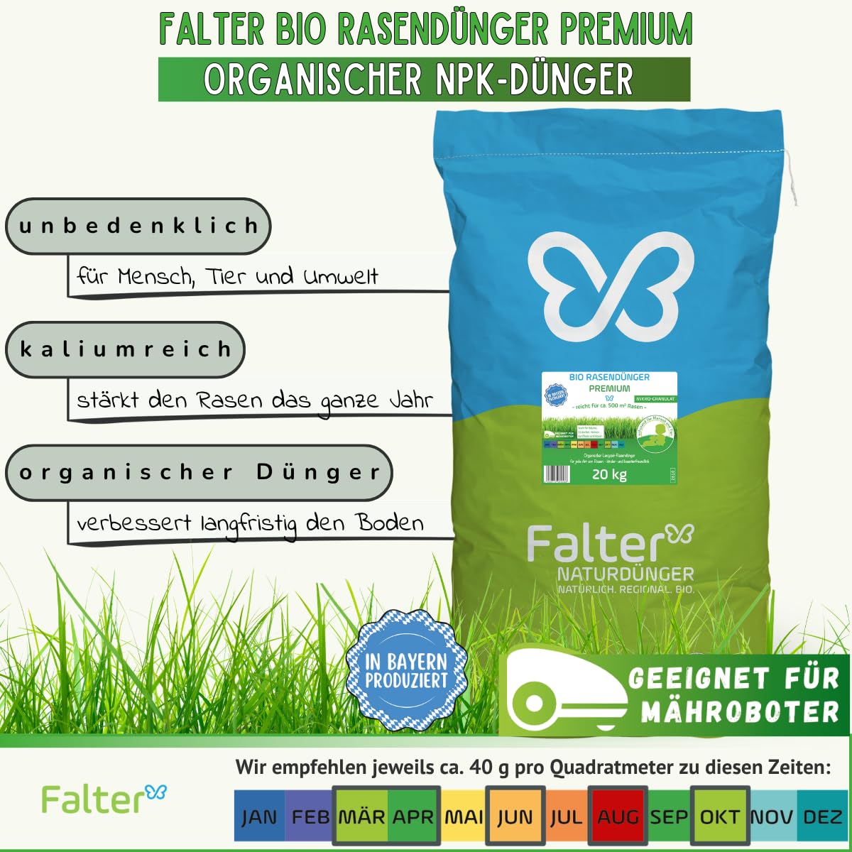 Falter BIO Rasendünger Premium 20 kg | Organischer NPK-Dünger | Biodünger für Rasen, Bäume, Sträucher, Hecken, Koniferen und Rosen. Unbedenklich für Mensch und Tier