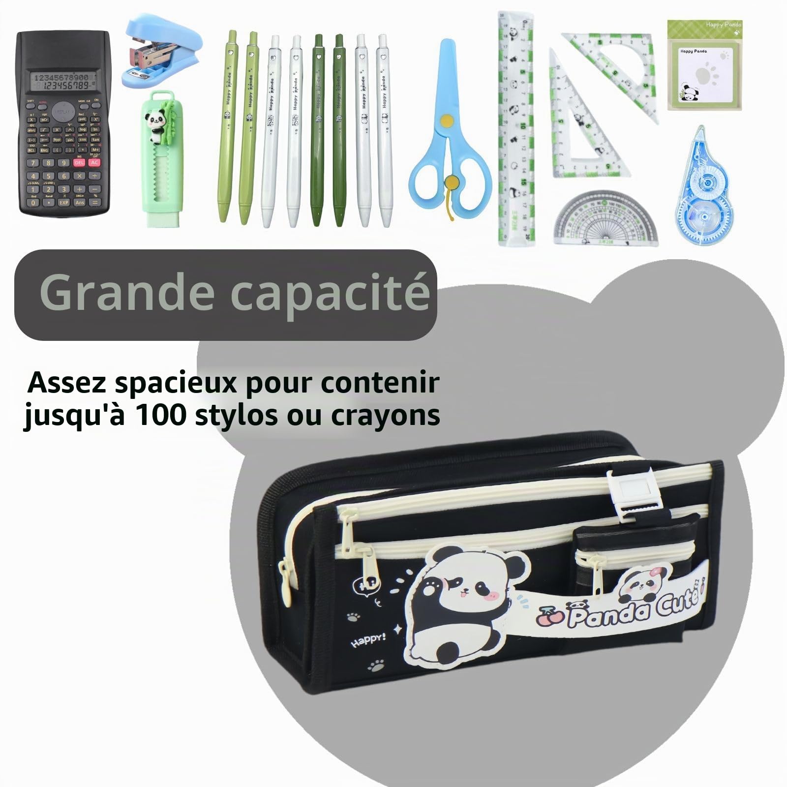 Trousse Scolaire Panda Kawaii Grande Capacité Plusieurs Compartiments Noir