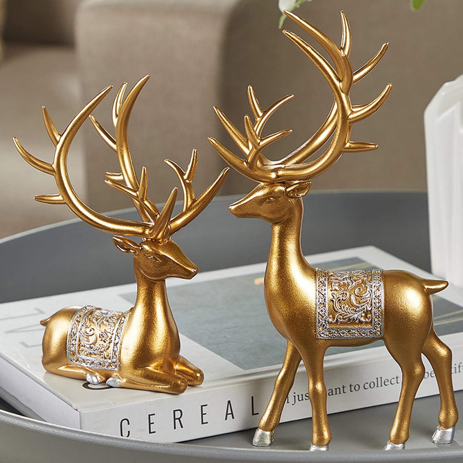 Set Di 2 Statuette Di Cervo Natalizio Con Decorazione Natalizia,scultura in Resina Di Renna in Piedi E Seduta,decorazioni Natalizie E Natalizie Per La Casa,forniture Per Centrotavola Natalizio , Brown