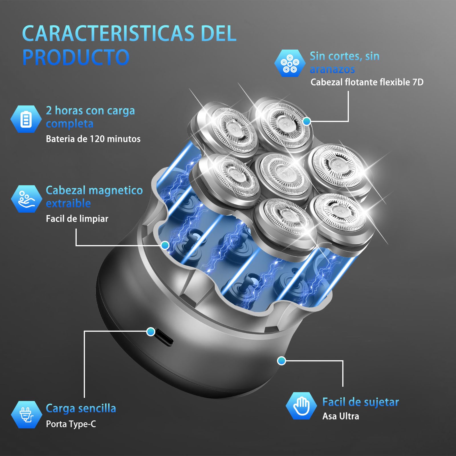 Afeitadora cabeza hombre, Maquina afeitar cabeza 7D para hombre magnético, Recargable portátil, Impermeable, para uso en seco y húmedo, Con Pantalla LED Bloqueo de Viaje (4in)