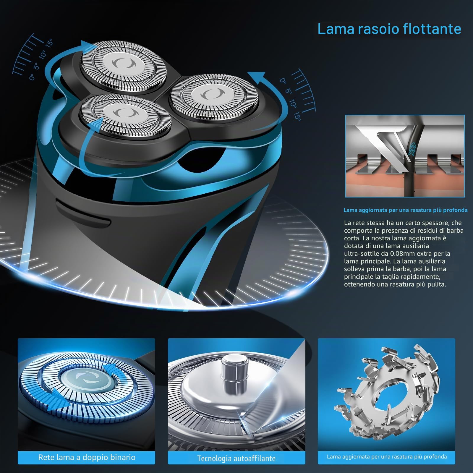 Rasoio Elettrico Wet & Dry a 3 Lame di Ricambio, Rasoio Elettrico Barba Uomo Ricaricabile Rasoio Barba Impermeabile Display LED, Lame Flessibili, Custodia da Viaggio