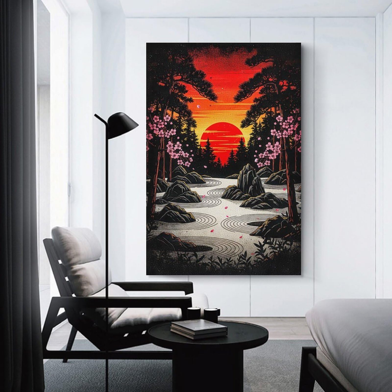 Junmoney Japanese Zen Garden Sunset Home Decor Wall Art, 24x36inch(60x90cm), for Home Walls, Creative Rooms Or Shared Spaces, An Adaptable Decor Piece for Home Use